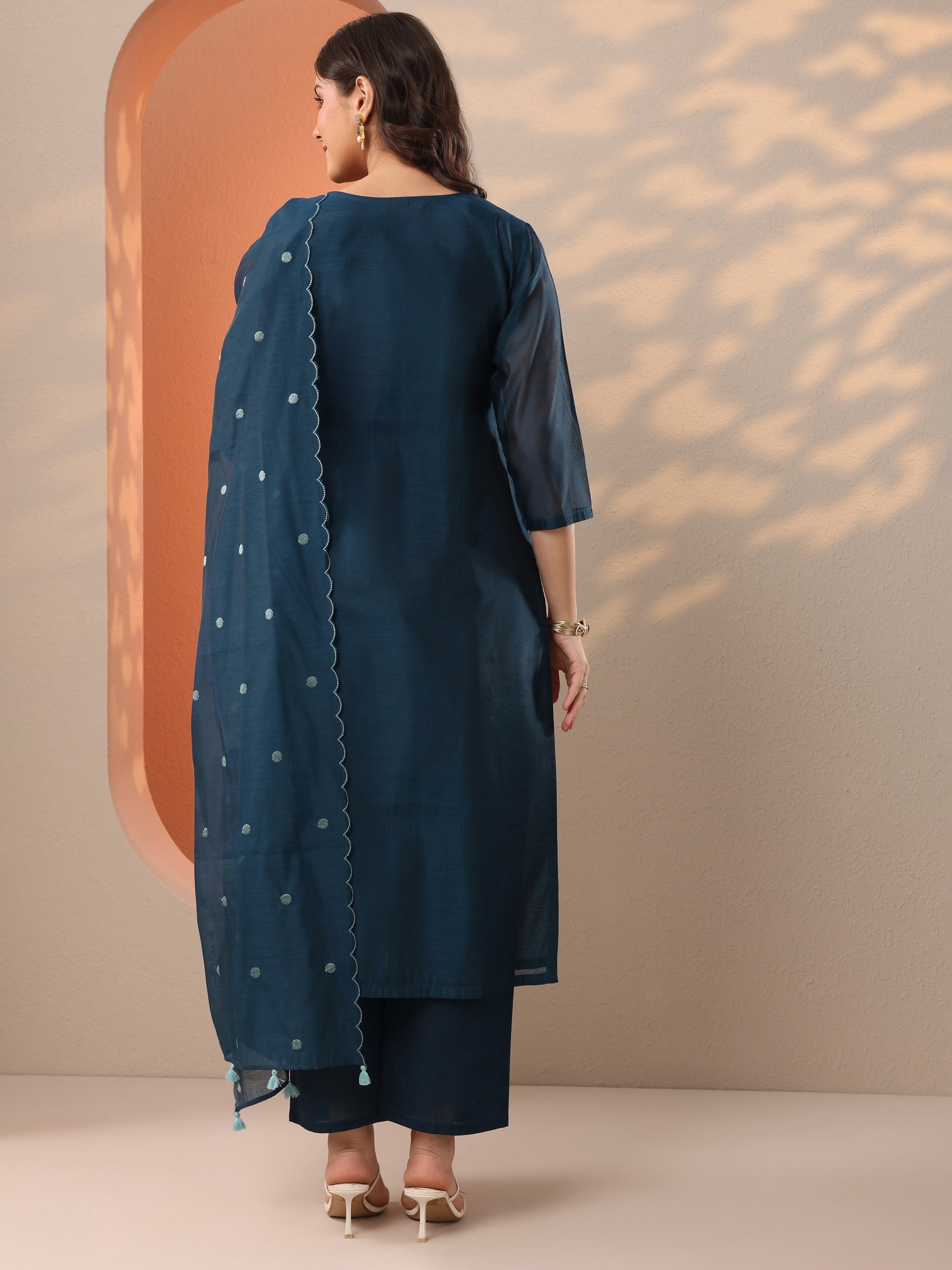 Navy Blue Embroidered Silk Blend Straight Suit Set With Dupatta