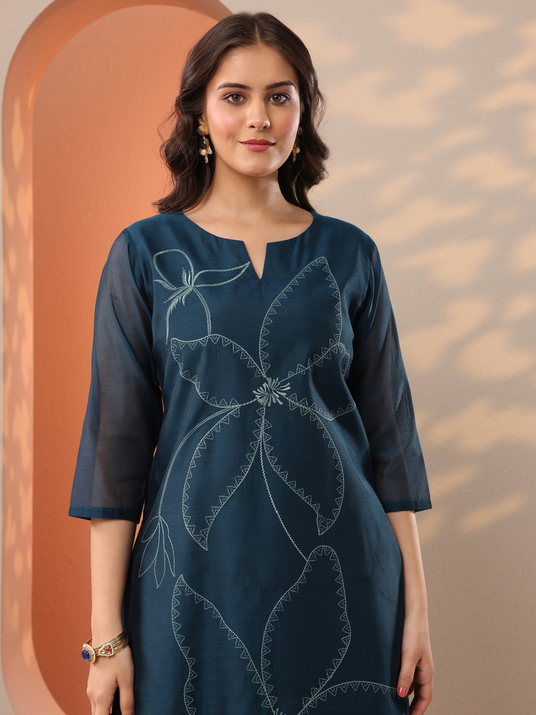 Navy Blue Embroidered Silk Blend Straight Suit Set With Dupatta