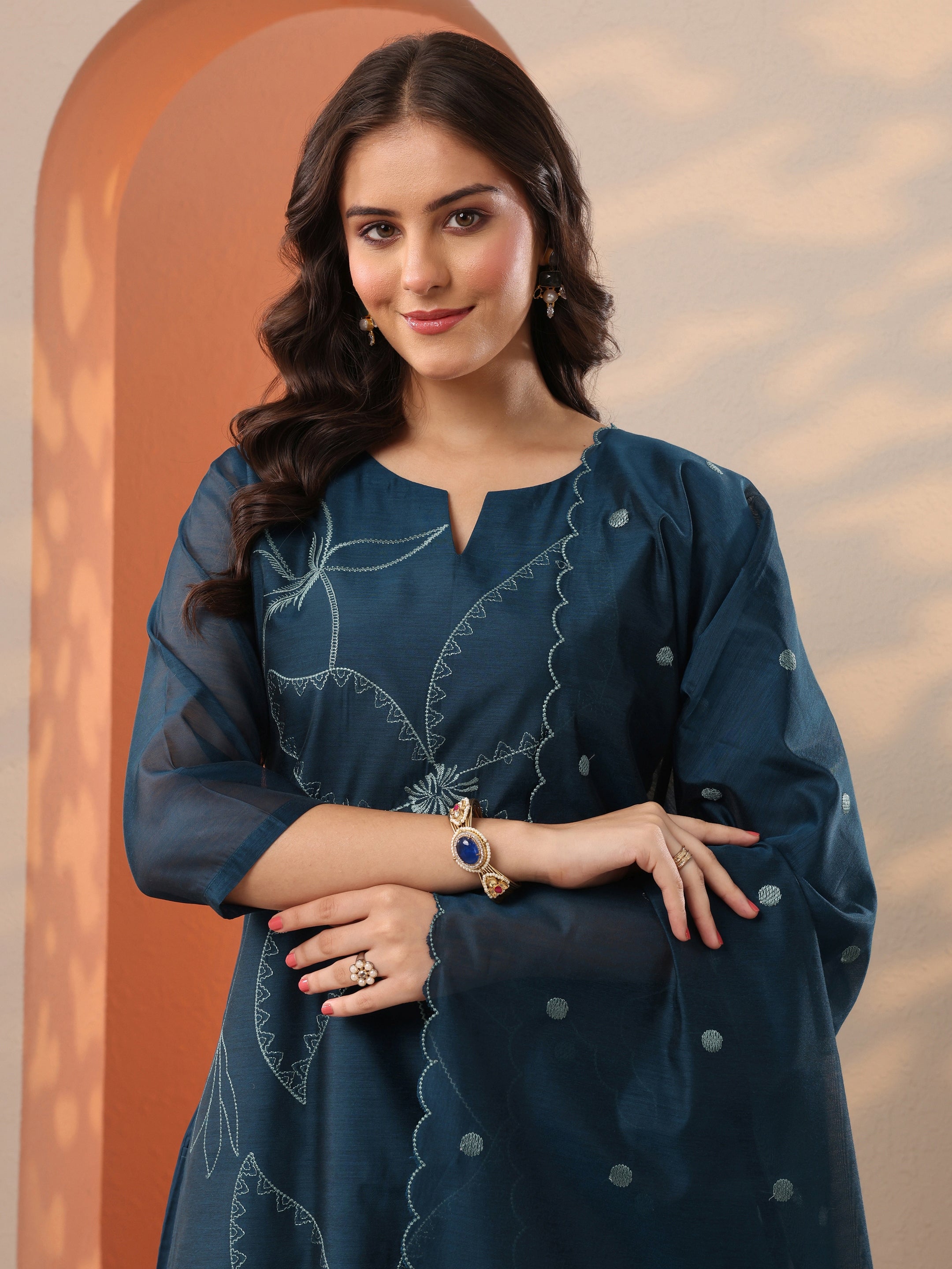Navy Blue Embroidered Silk Blend Straight Suit Set With Dupatta