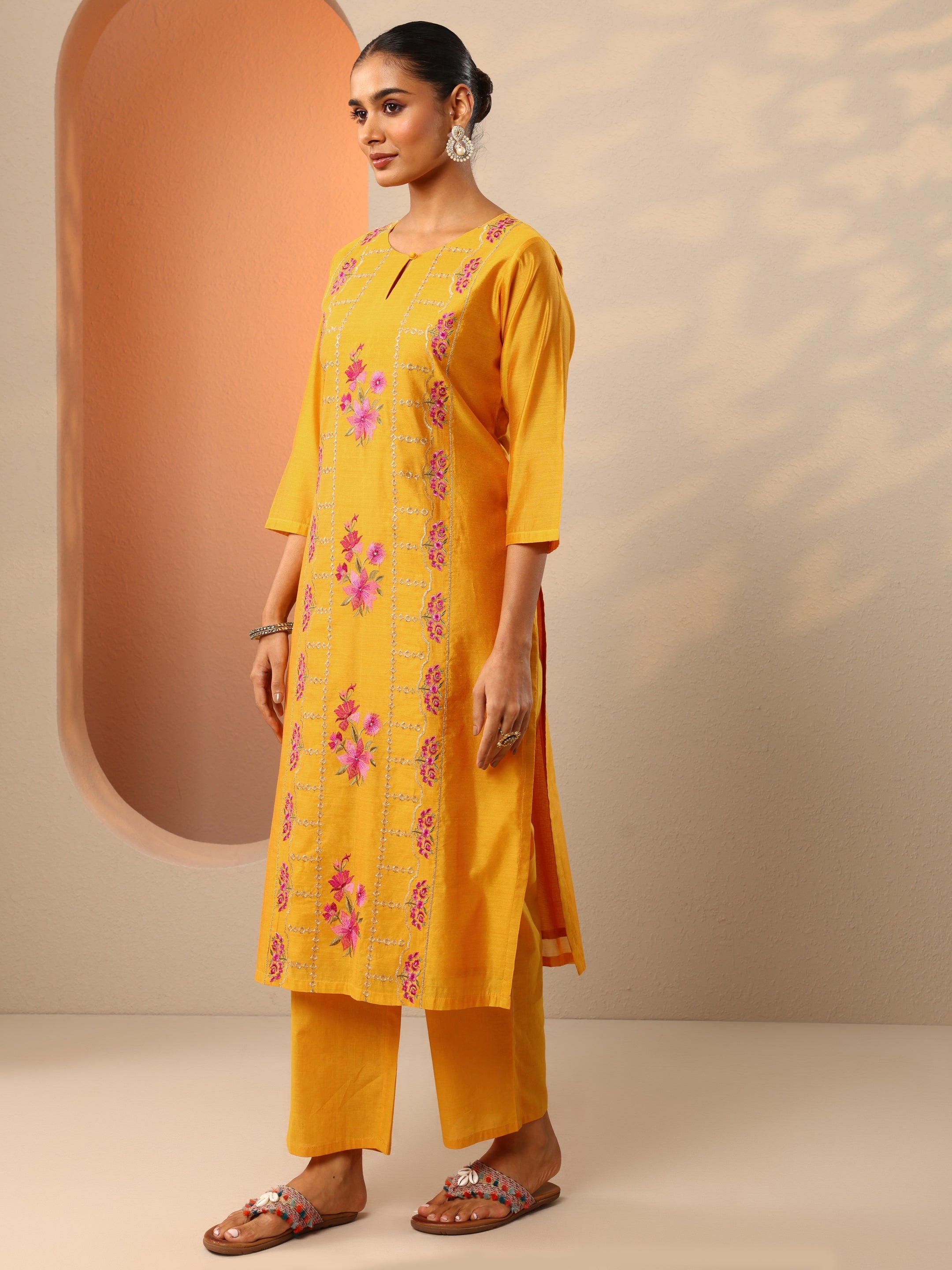 Mustard Embroidered Silk Blend Straight Suit Set With Dupatta