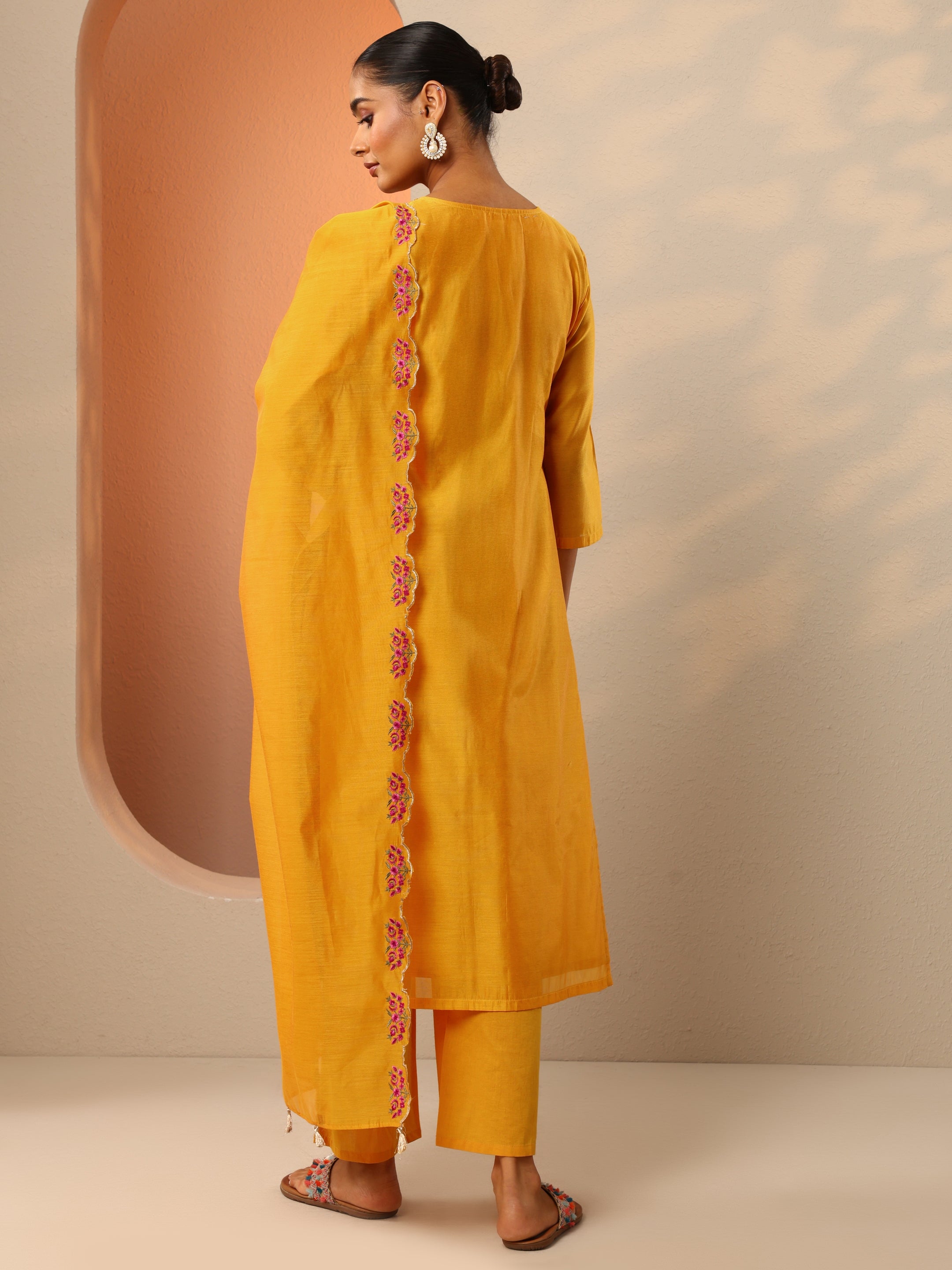 Mustard Embroidered Silk Blend Straight Suit Set With Dupatta