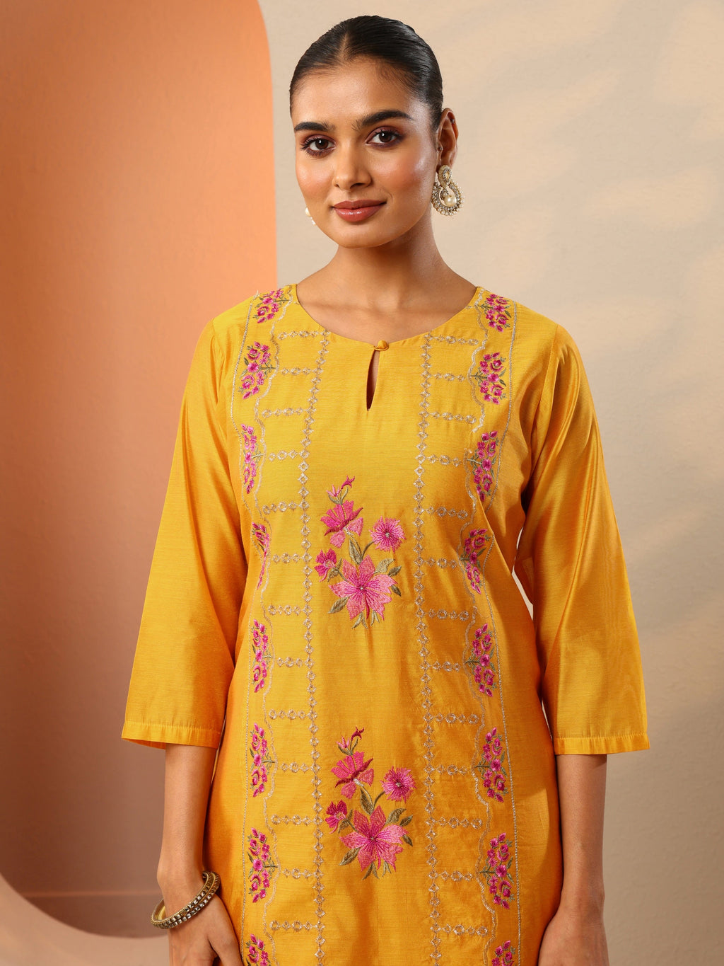 Mustard Embroidered Silk Blend Straight Suit Set With Dupatta