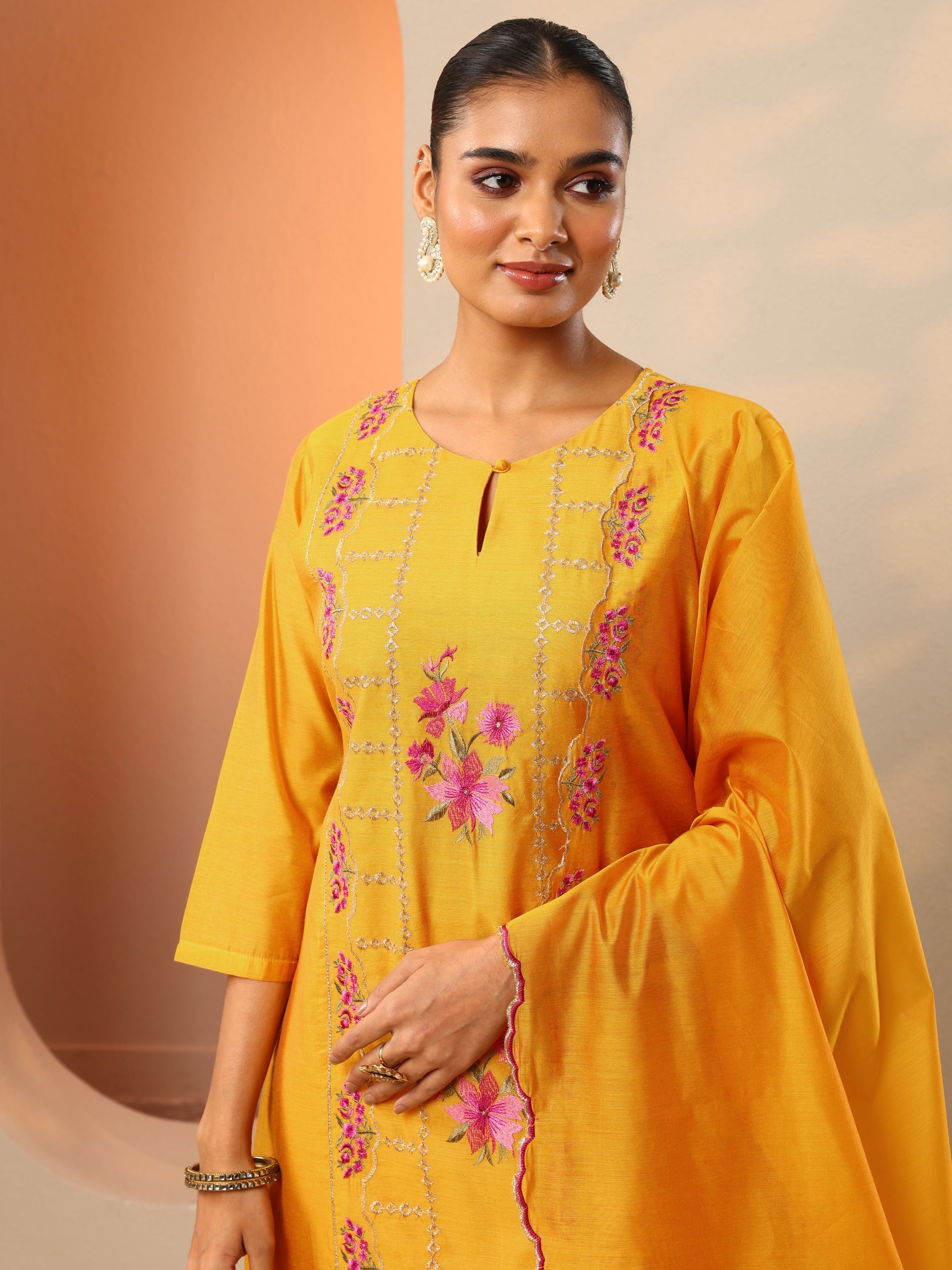 Mustard Embroidered Silk Blend Straight Suit Set With Dupatta