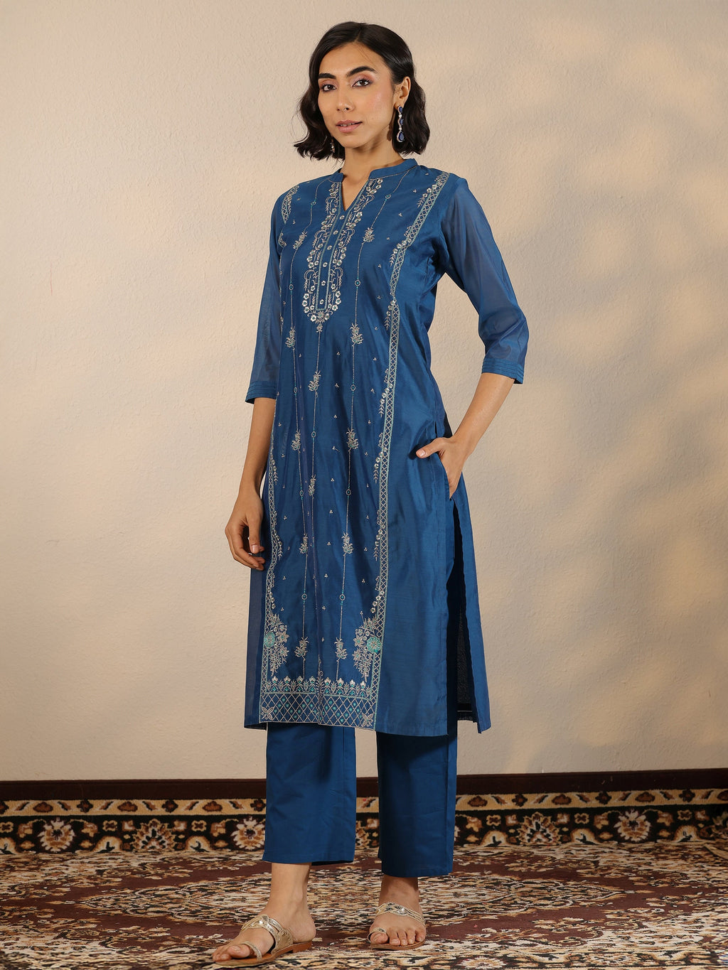 Navy Blue Embroidered Silk Blend  Straight Suit Set With Dupatta