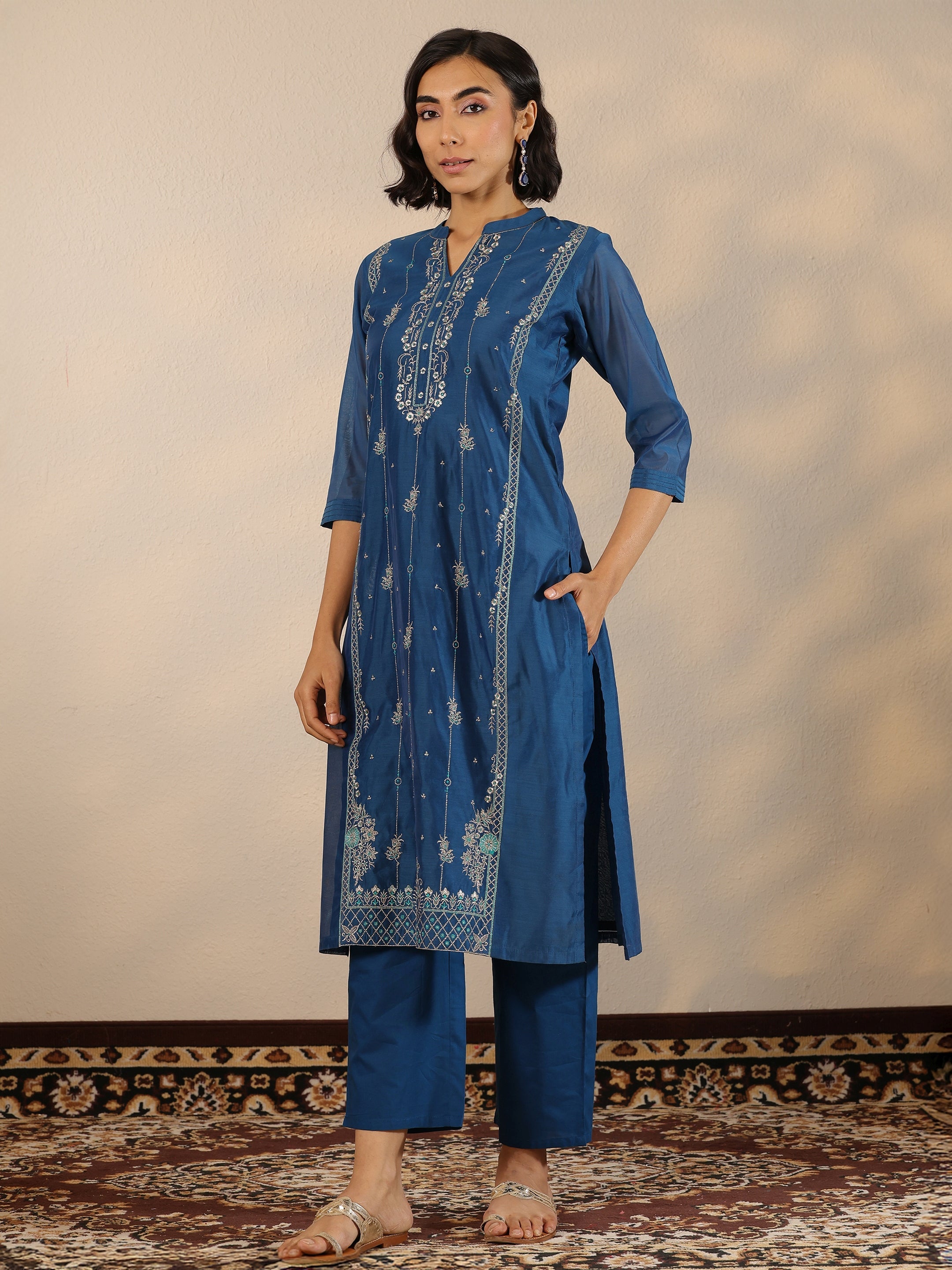 Navy Blue Embroidered Silk Blend  Straight Suit Set With Dupatta