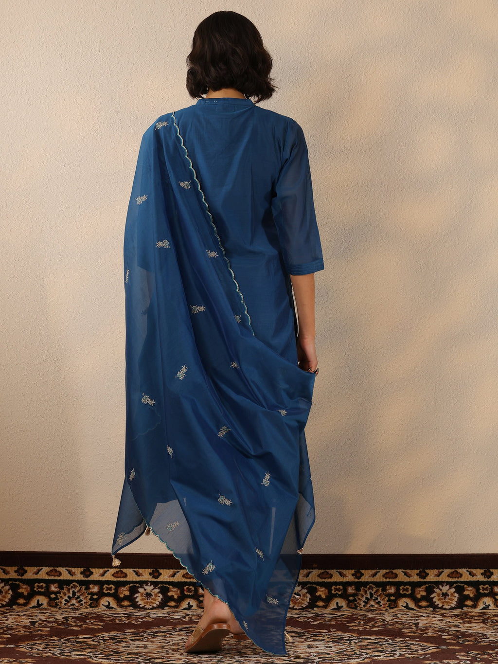 Navy Blue Embroidered Silk Blend  Straight Suit Set With Dupatta