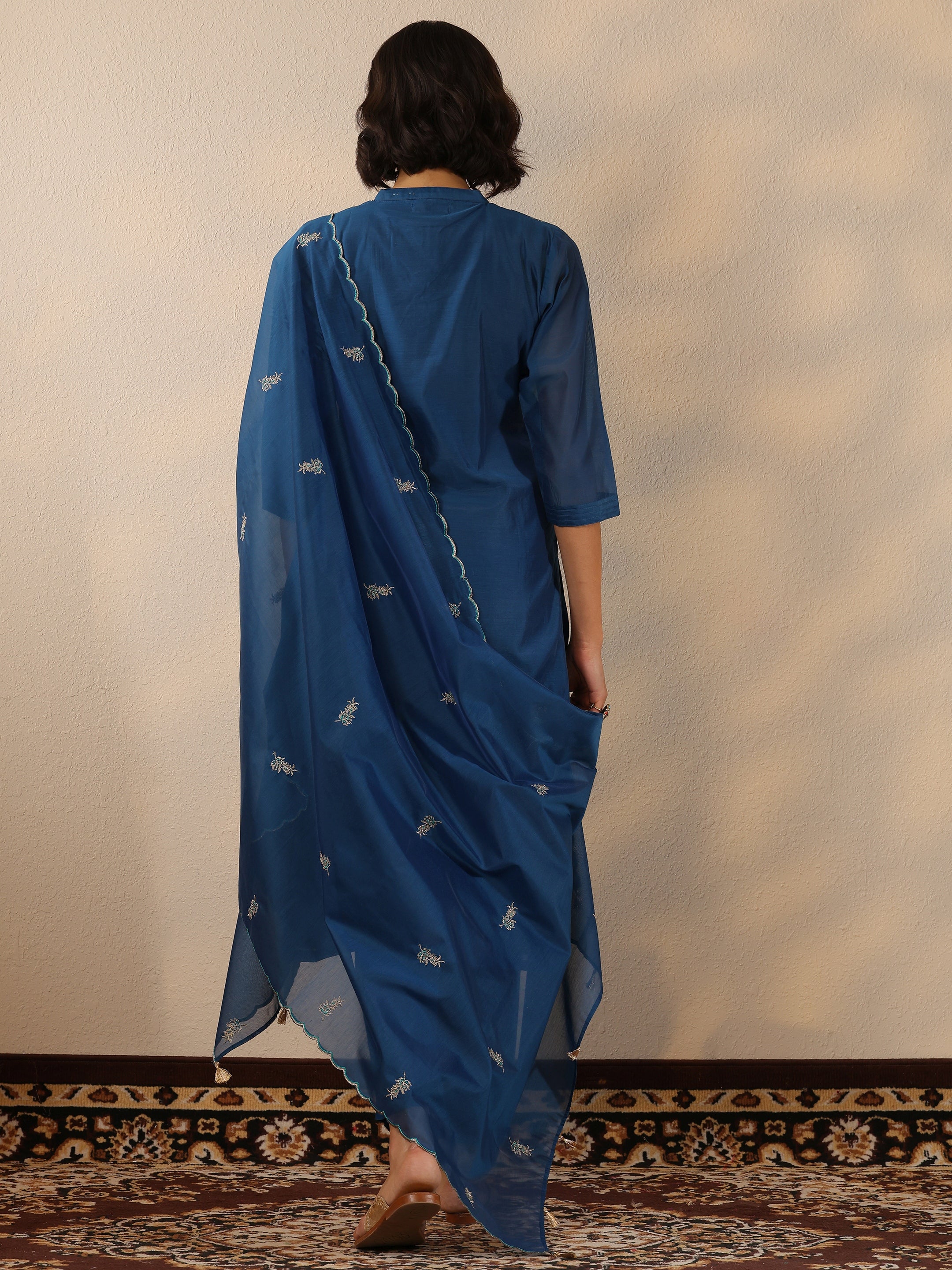 Navy Blue Embroidered Silk Blend  Straight Suit Set With Dupatta