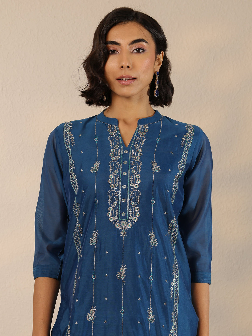 Navy Blue Embroidered Silk Blend  Straight Suit Set With Dupatta