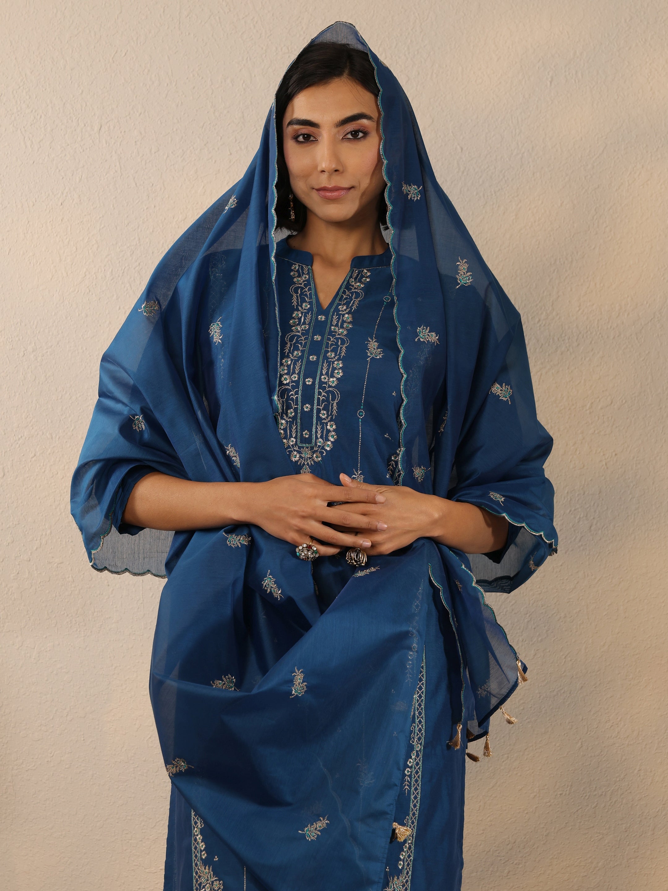 Navy Blue Embroidered Silk Blend  Straight Suit Set With Dupatta