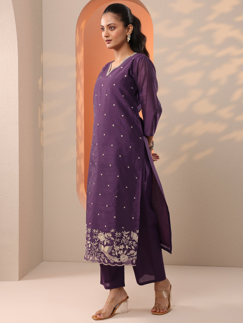 Burgundy Embroidered Silk Blend Straight Suit Set With Dupatta