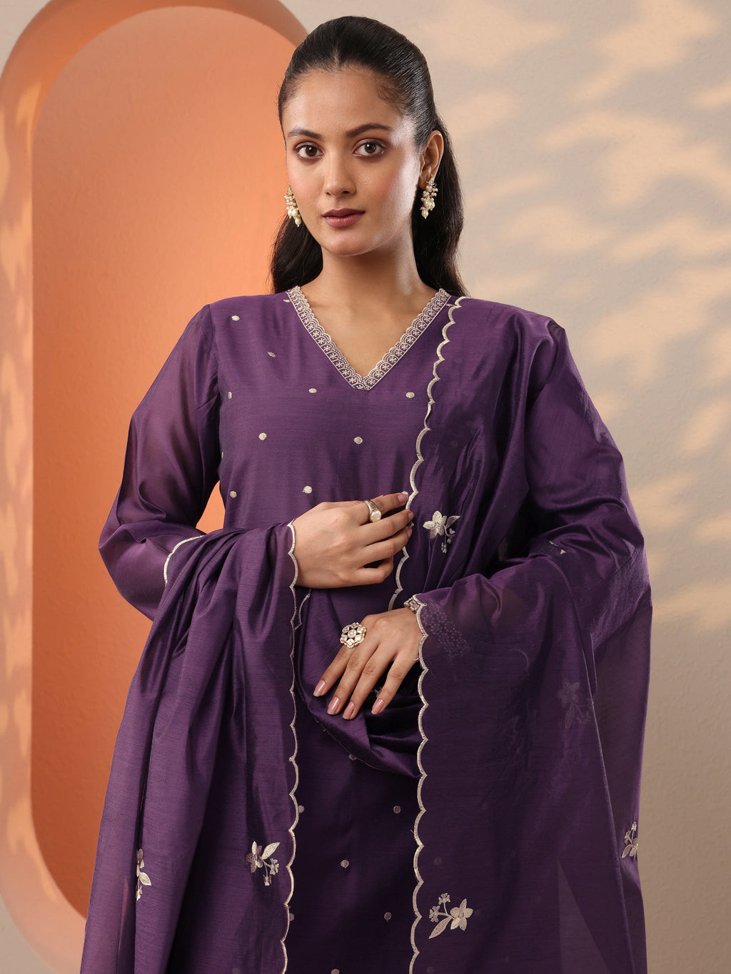 Burgundy Embroidered Silk Blend Straight Suit Set With Dupatta