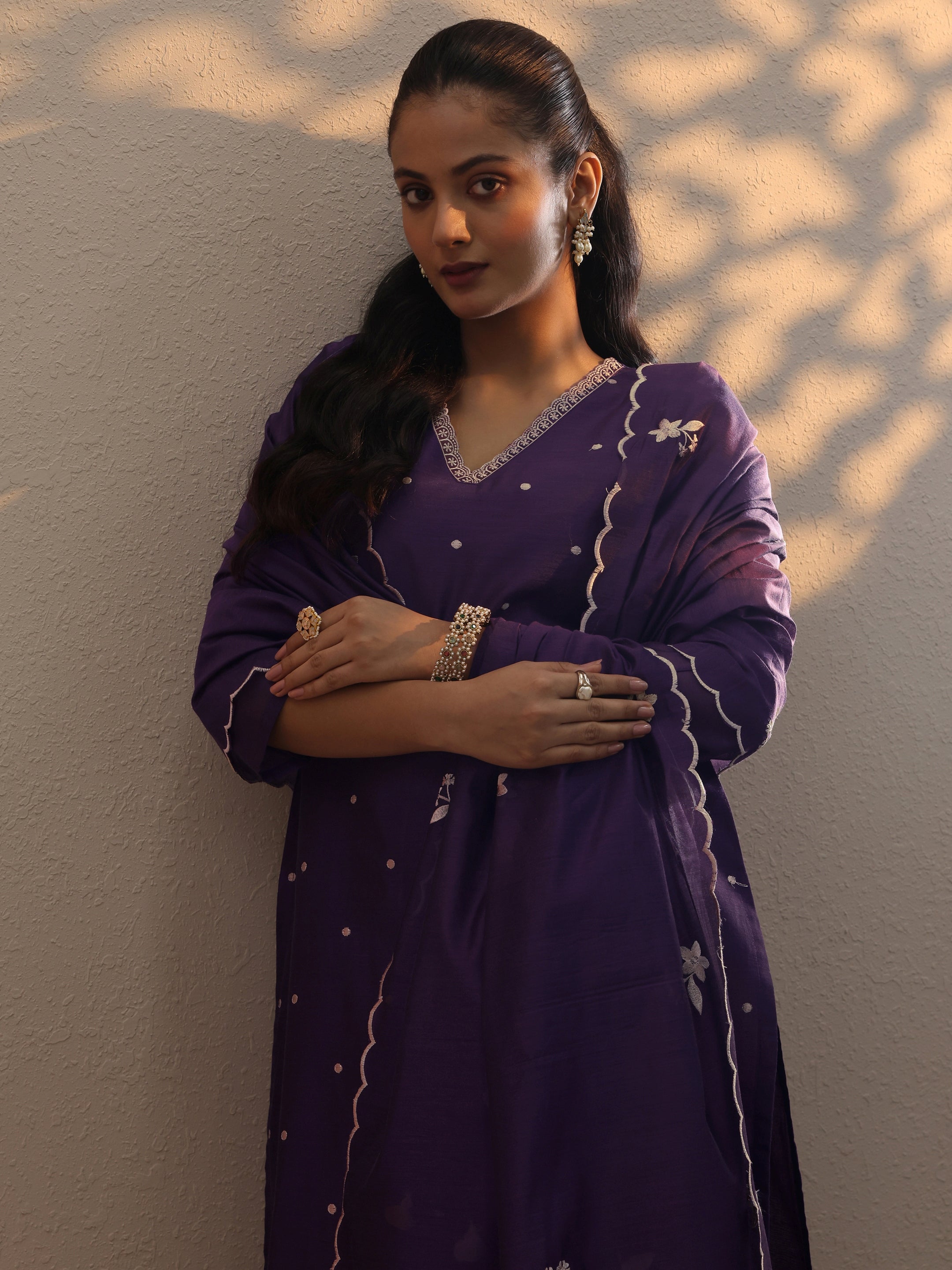 Burgundy Embroidered Silk Blend Straight Suit Set With Dupatta