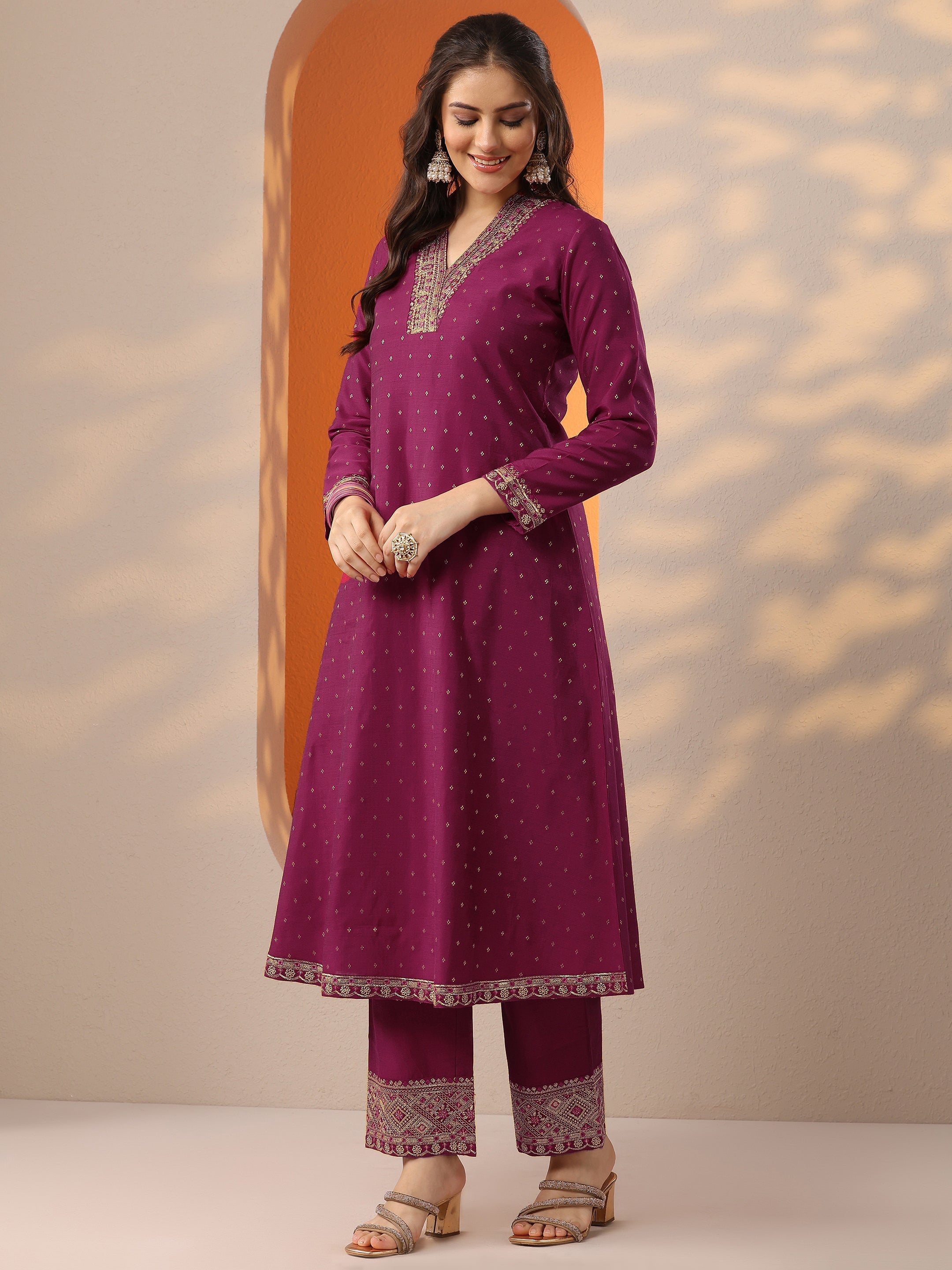 Magenta Woven Design Silk Blend A-Line Suit Set With Dupatta