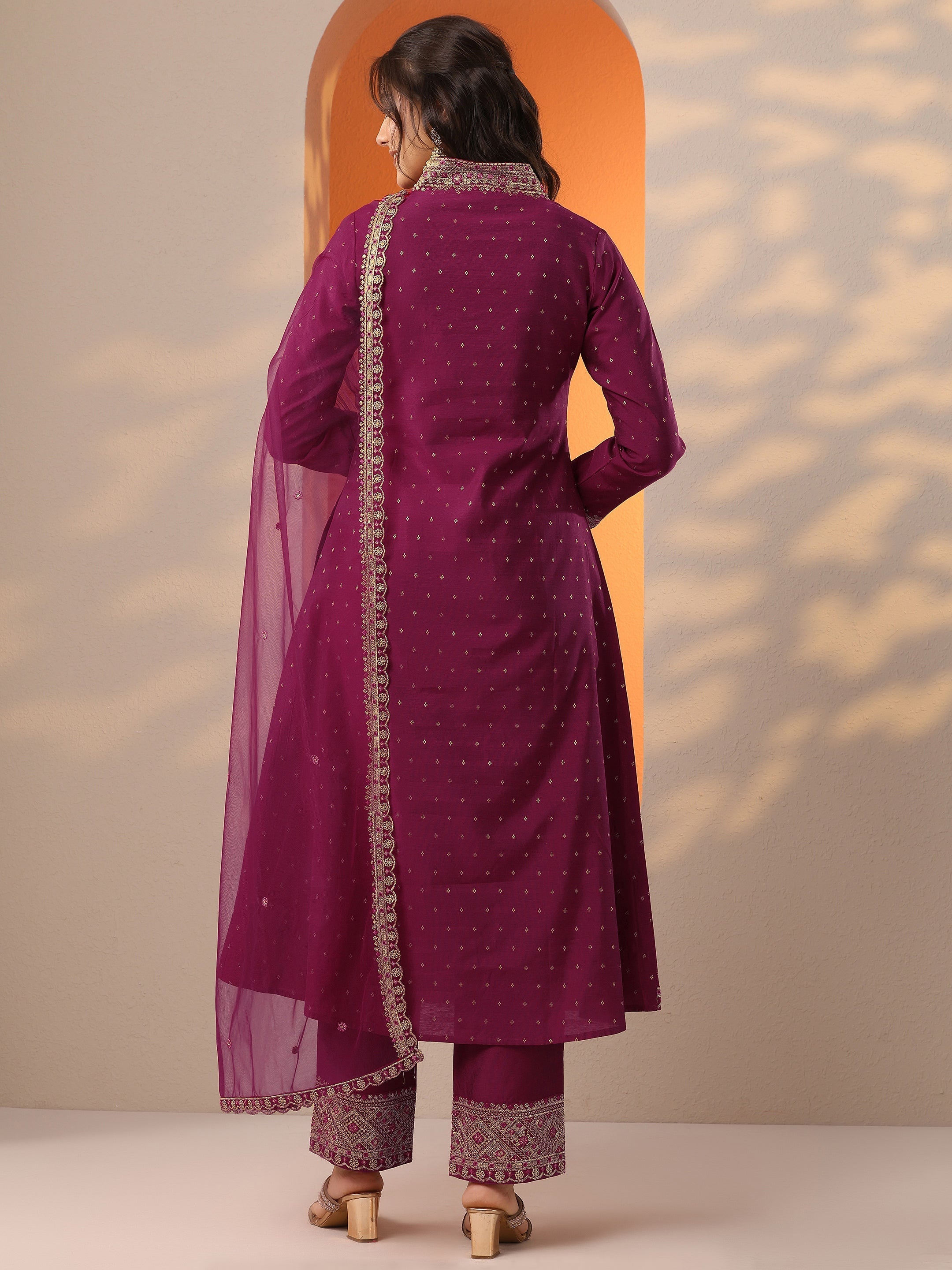Magenta Woven Design Silk Blend A-Line Suit Set With Dupatta
