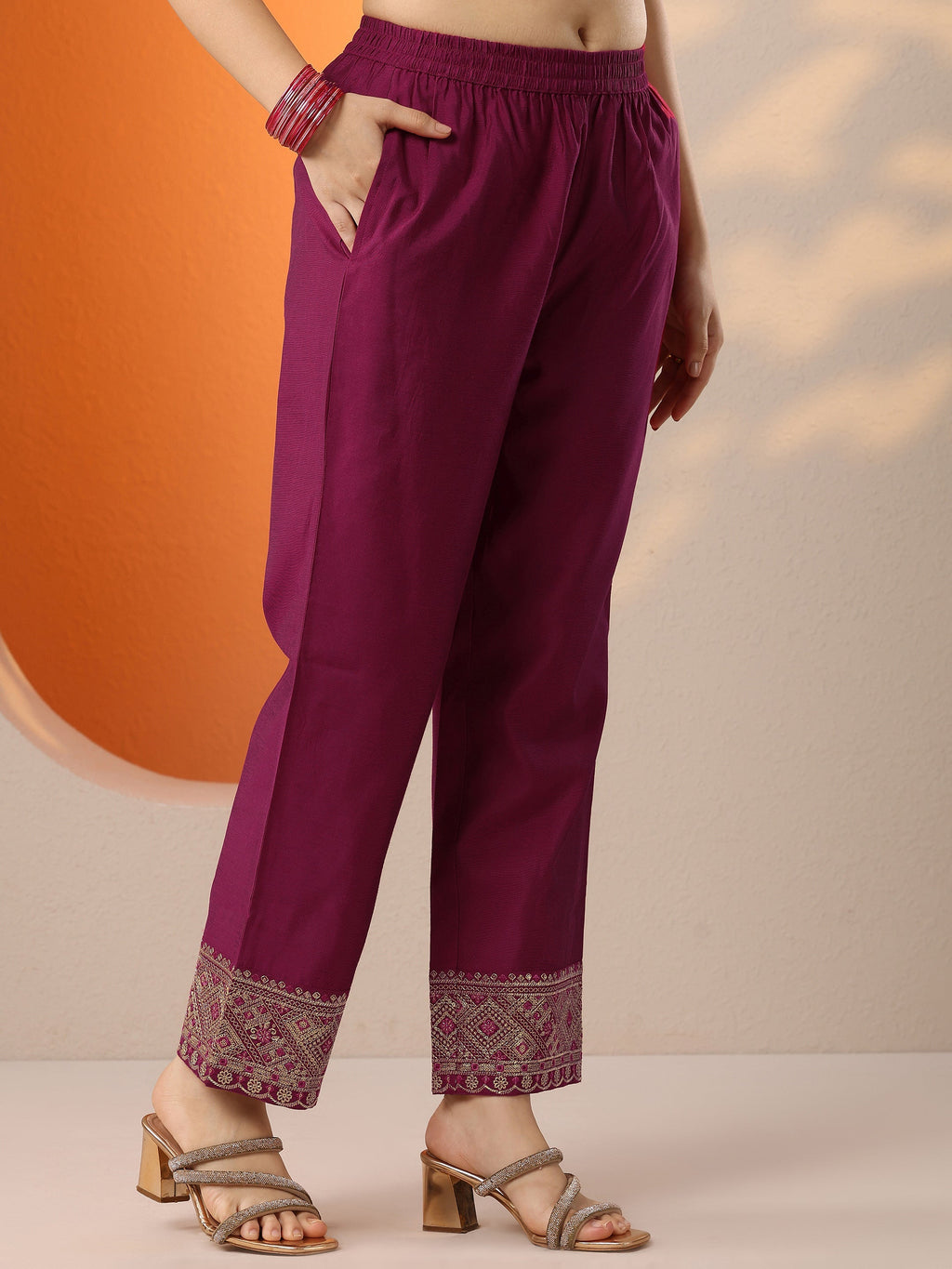 Magenta Woven Design Silk Blend A-Line Suit Set With Dupatta