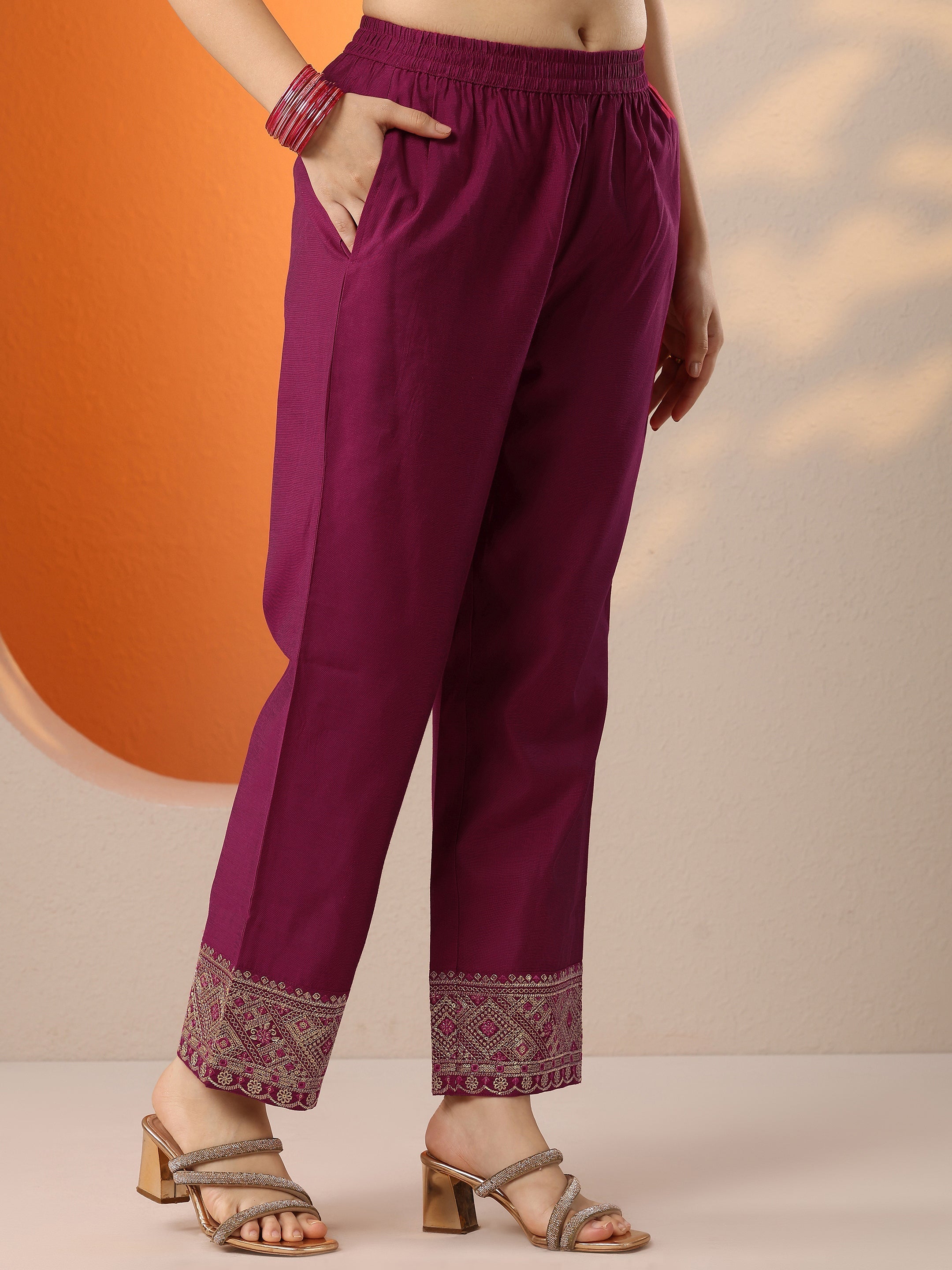 Magenta Woven Design Silk Blend A-Line Suit Set With Dupatta