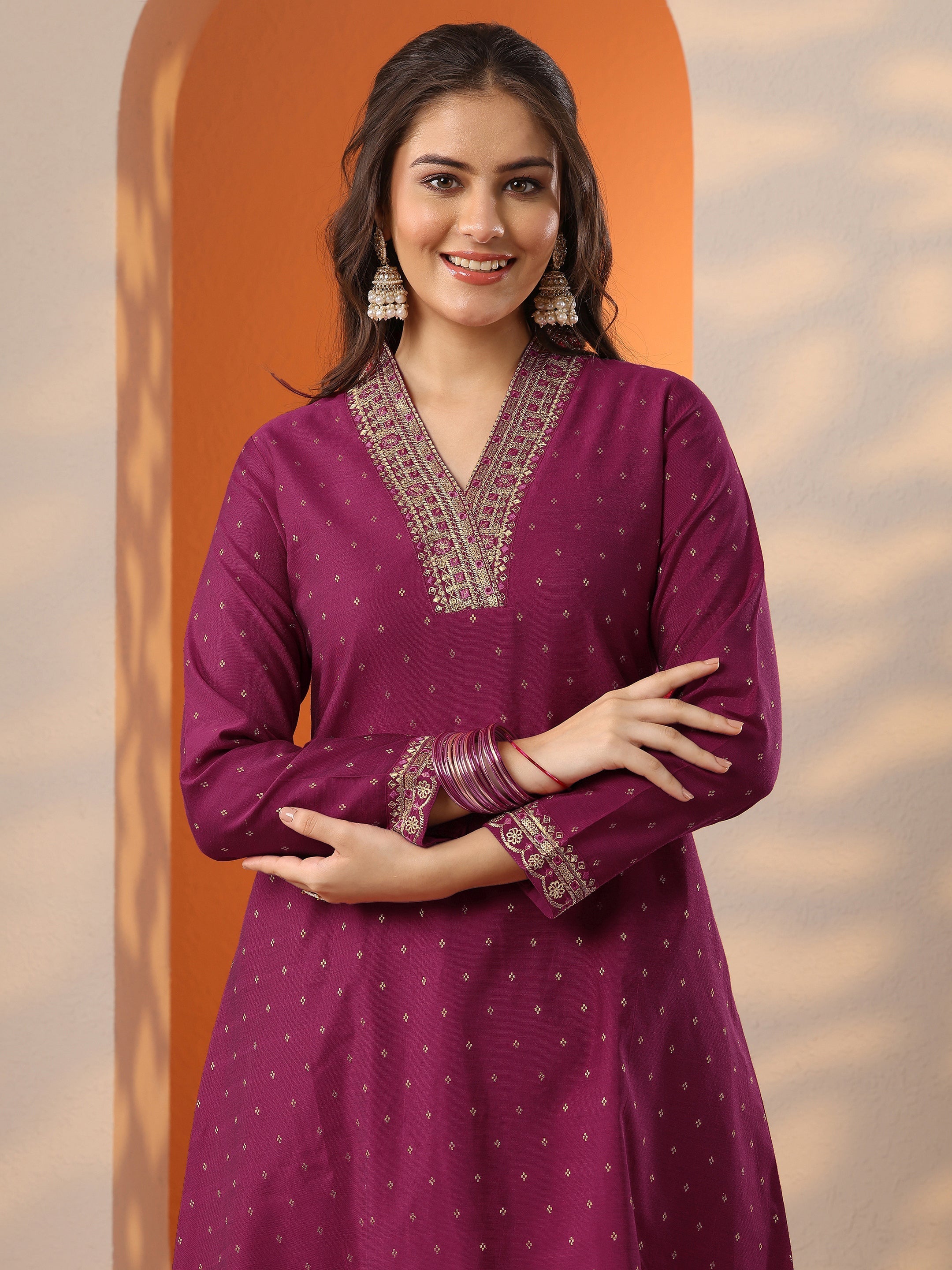 Magenta Woven Design Silk Blend A-Line Suit Set With Dupatta