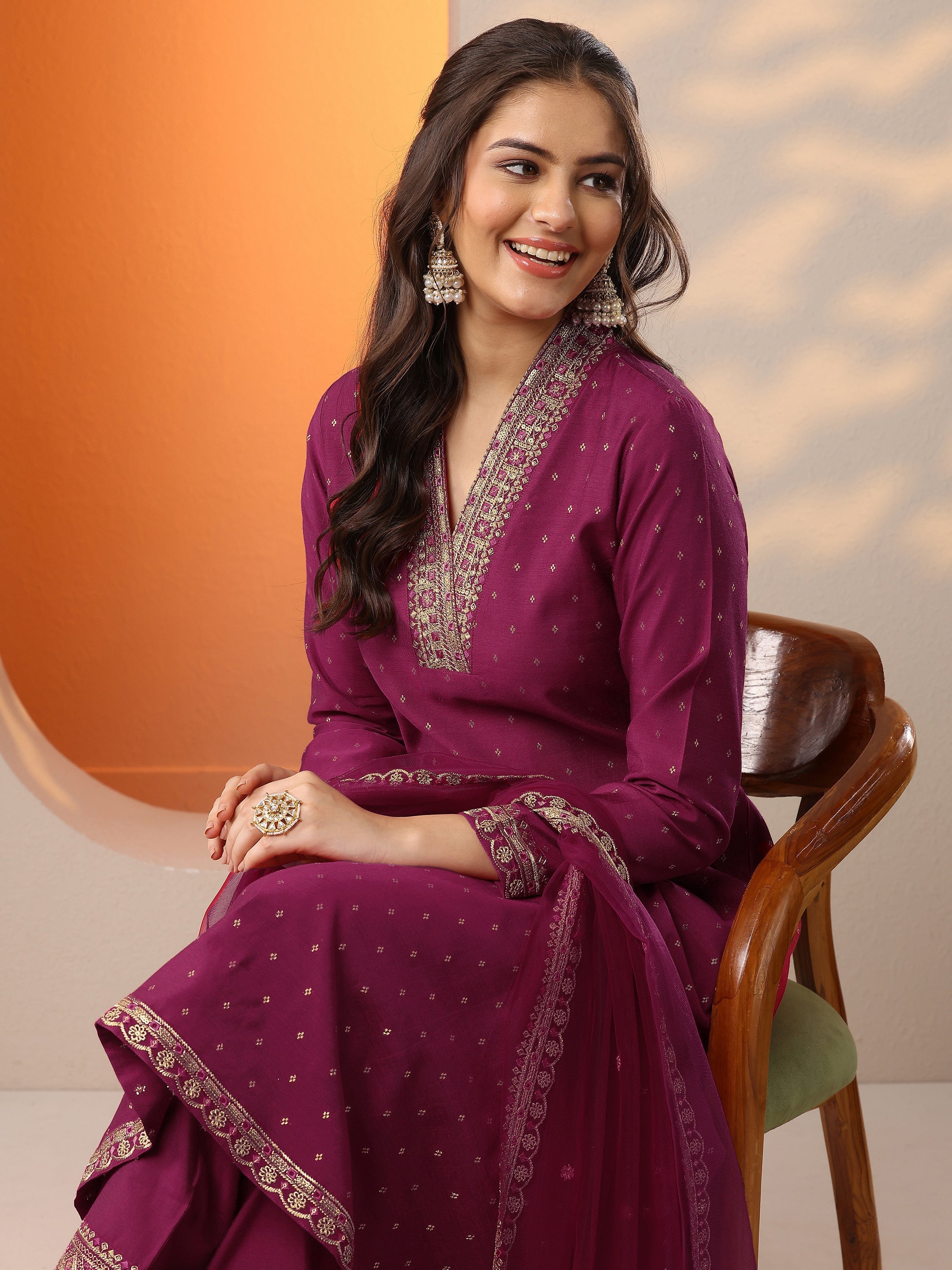 Magenta Woven Design Silk Blend A-Line Suit Set With Dupatta