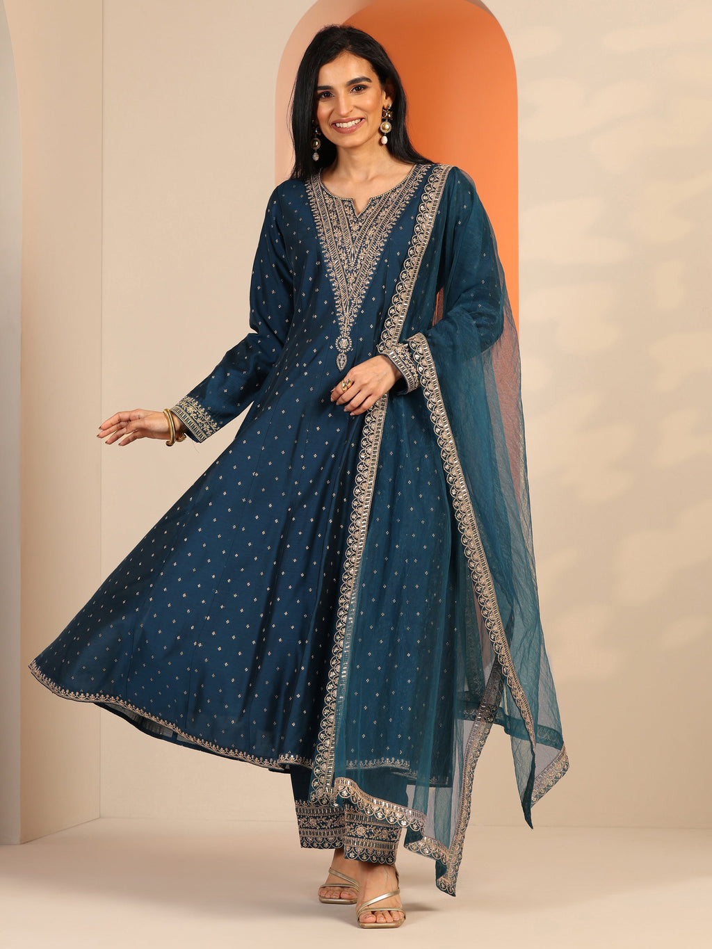 Aakashini Navy Blue Woven Design Silk Blend A-Line Suit Set With Dupatta
