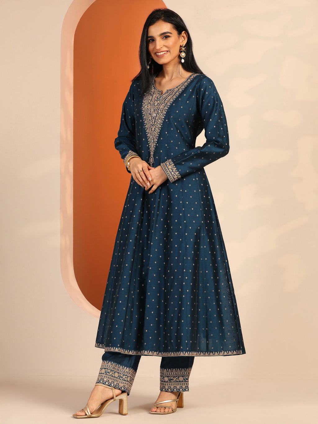 Aakashini Navy Blue Woven Design Silk Blend A-Line Suit Set With Dupatta