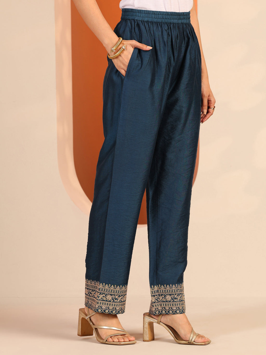 Aakashini Navy Blue Woven Design Silk Blend A-Line Suit Set With Dupatta