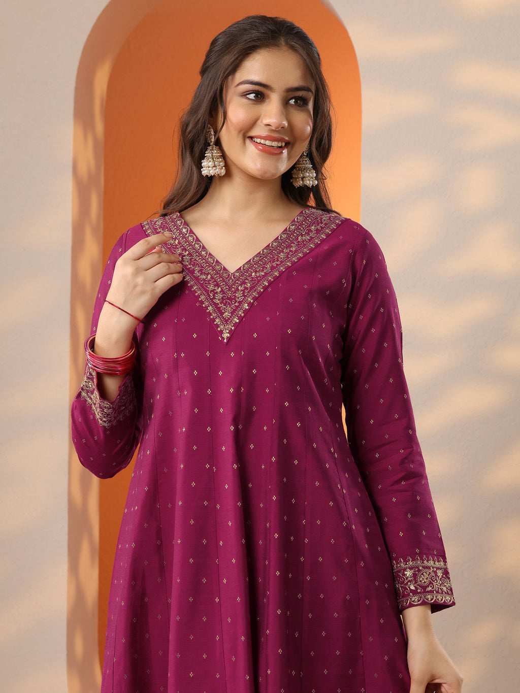 Magenta Woven Design Silk Blend Anarkali Suit Set With Dupatta