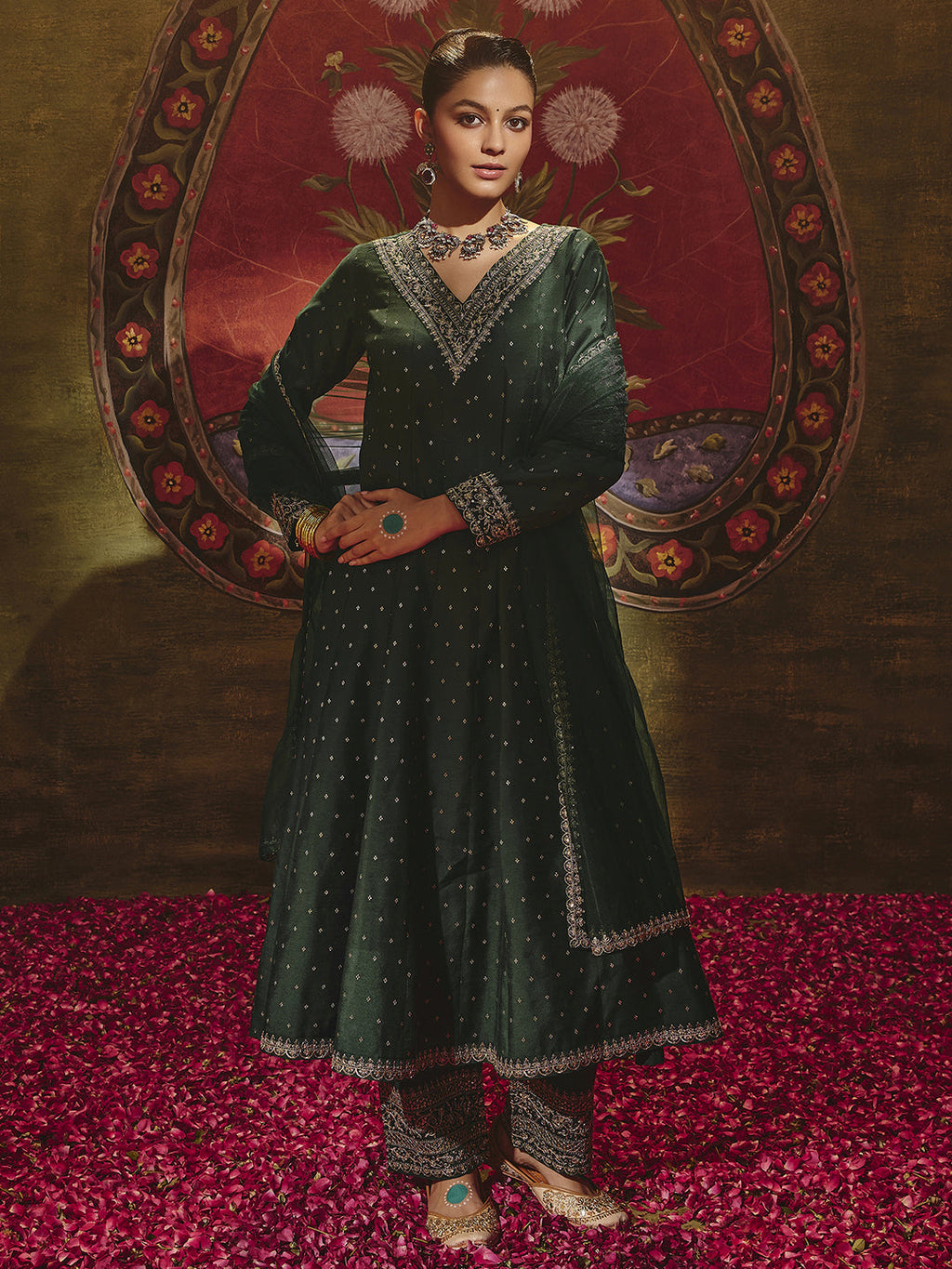 Malini Green Woven Design Silk Blend Anarkali Suit Set With Dupatta