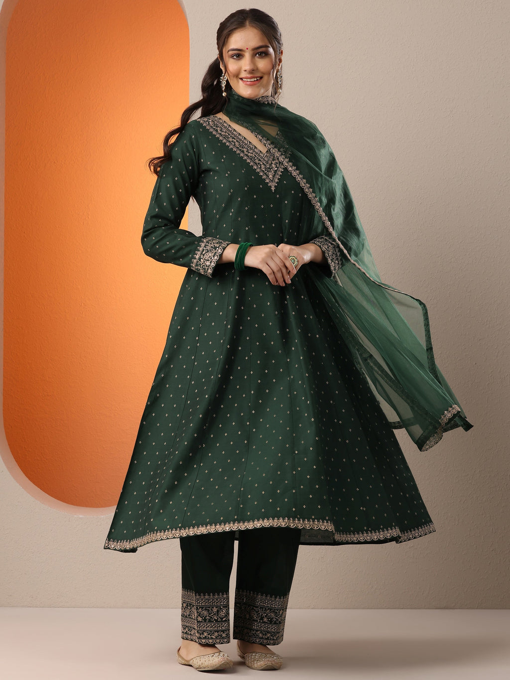 Malini Green Woven Design Silk Blend Anarkali Suit Set With Dupatta
