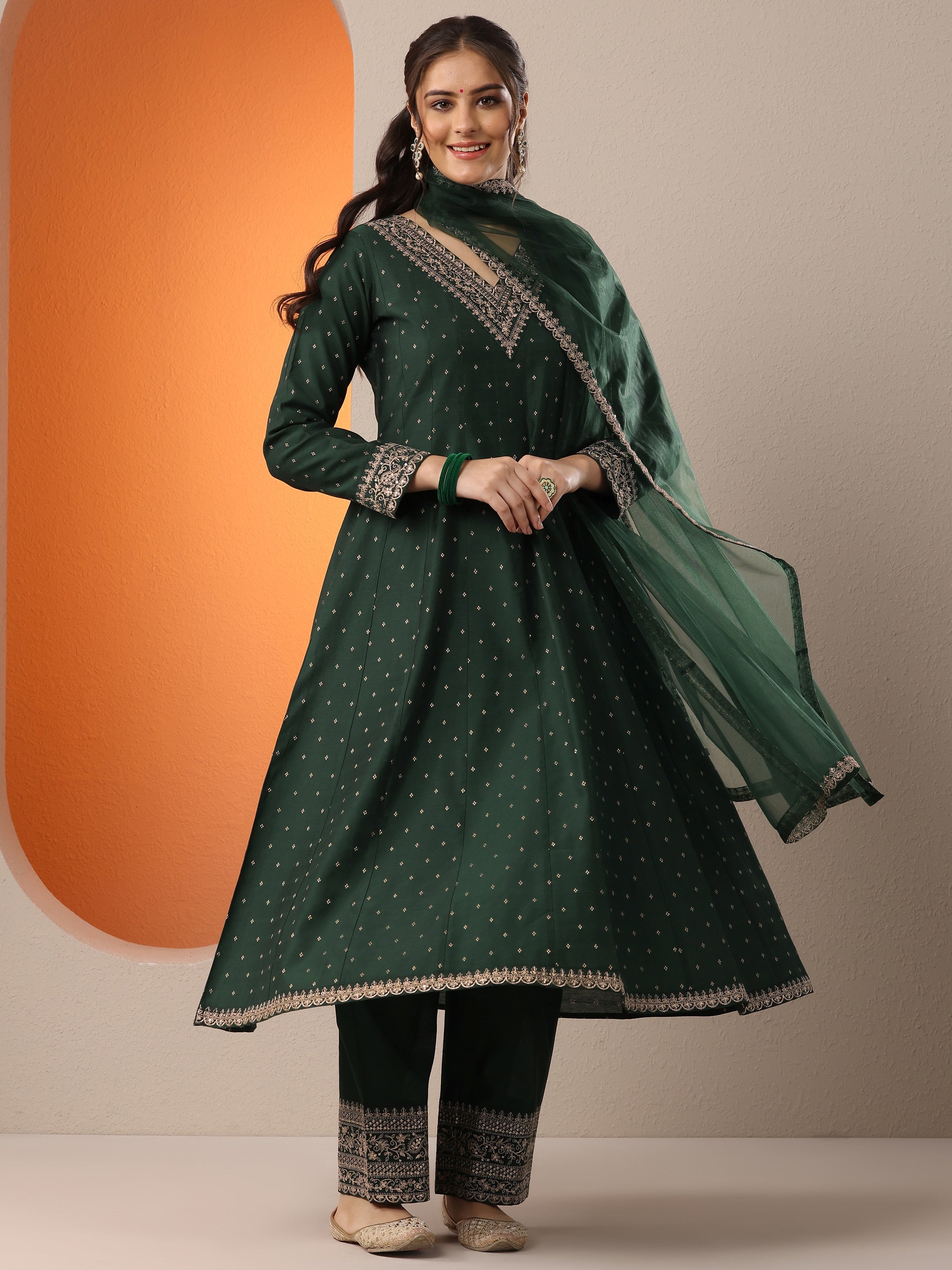 Malini Green Woven Design Silk Blend Anarkali Suit Set With Dupatta