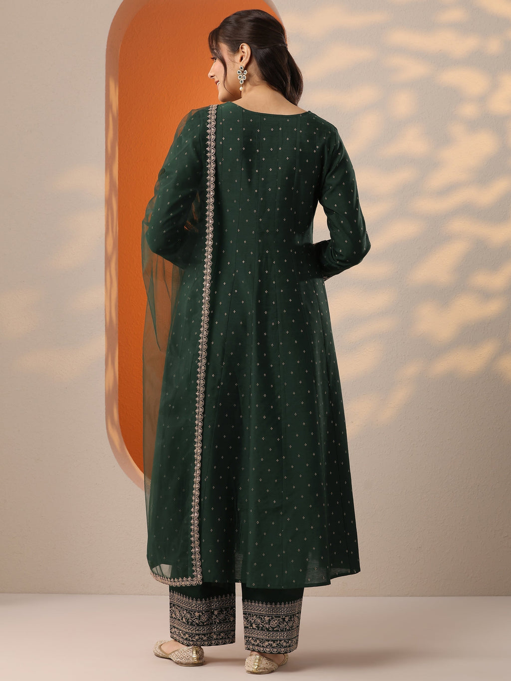 Malini Green Woven Design Silk Blend Anarkali Suit Set With Dupatta