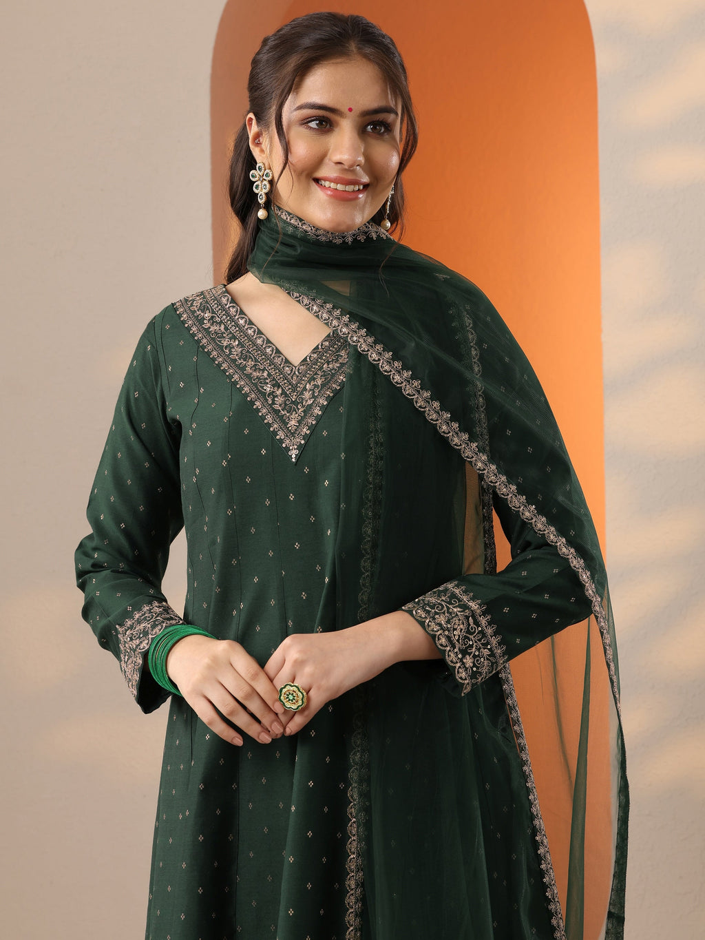 Malini Green Woven Design Silk Blend Anarkali Suit Set With Dupatta