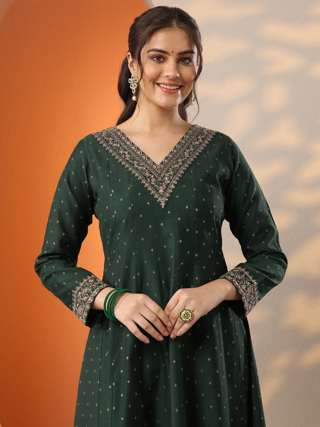 Malini Green Woven Design Silk Blend Anarkali Suit Set With Dupatta