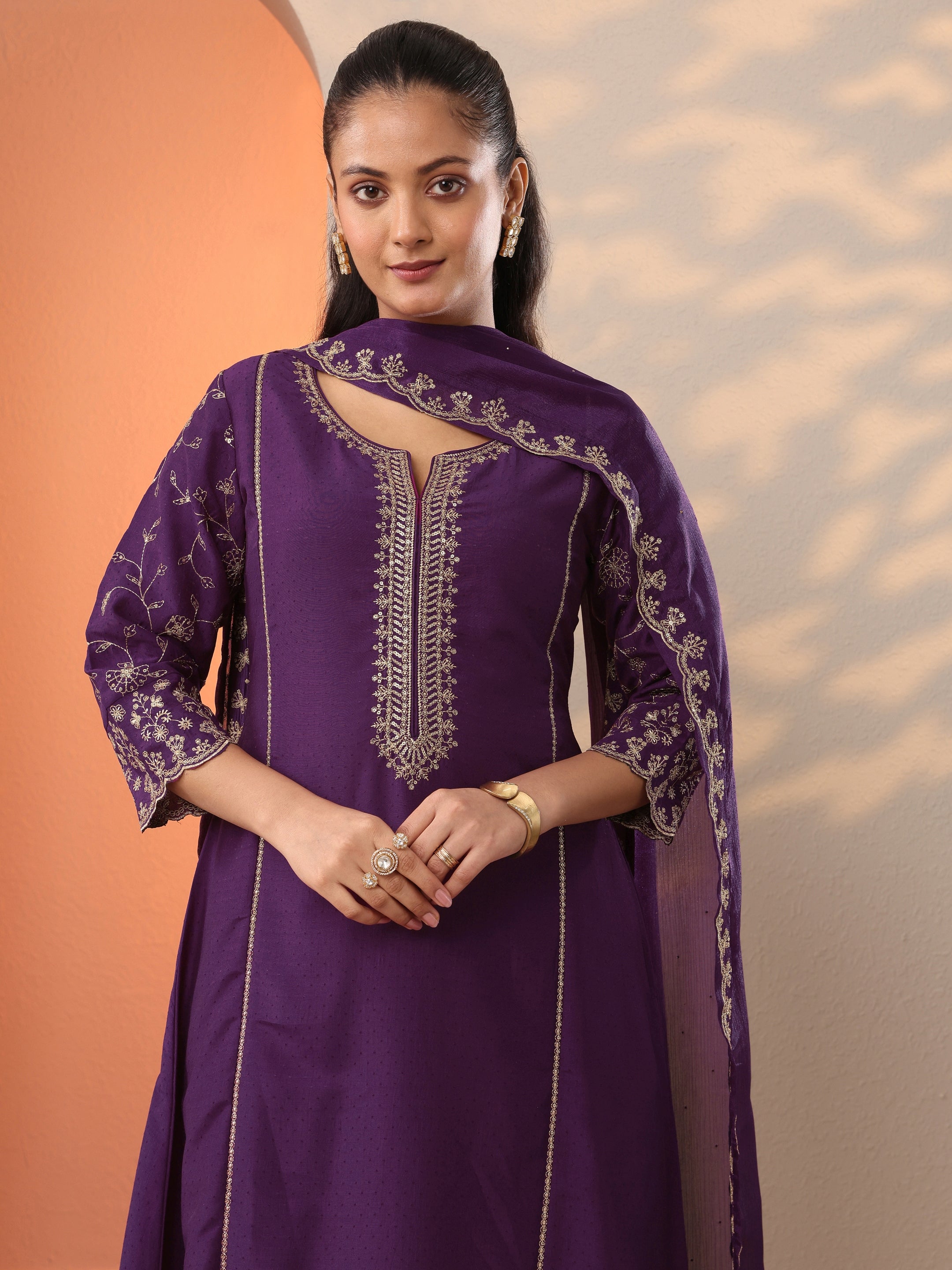 Burgundy Embroidered Silk Blend A-Line Suit Set With Dupatta