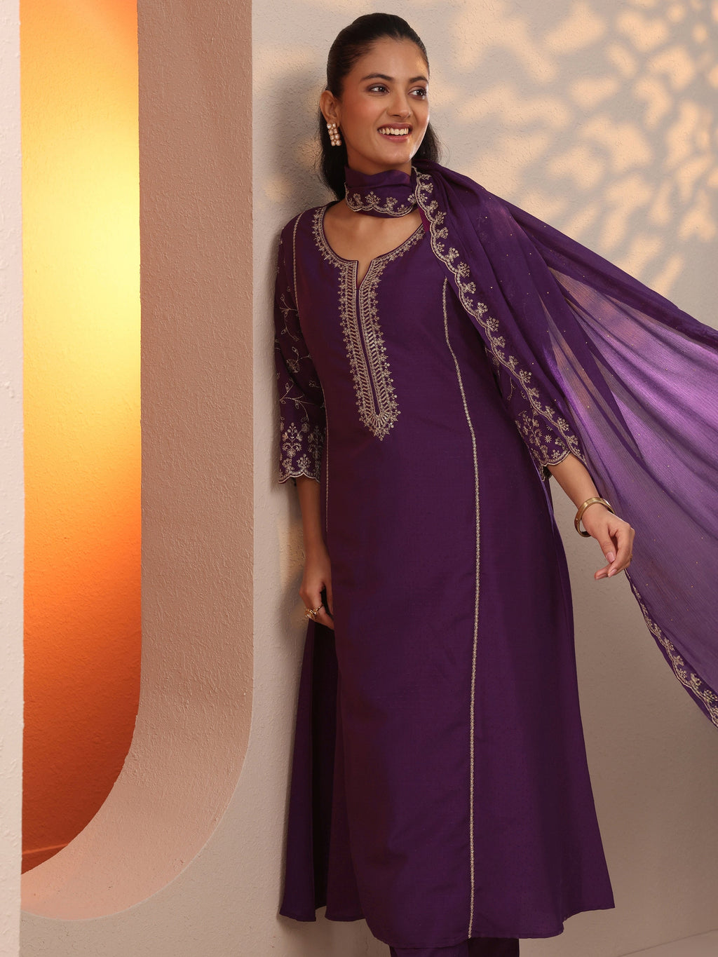 Burgundy Embroidered Silk Blend A-Line Suit Set With Dupatta