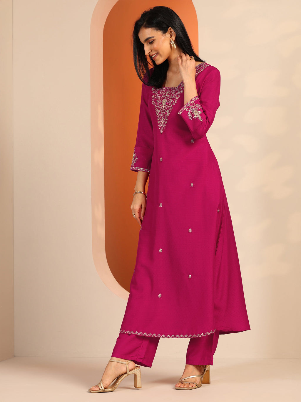 Pink Embellished Silk Blend A-Line Suit Set With Dupatta