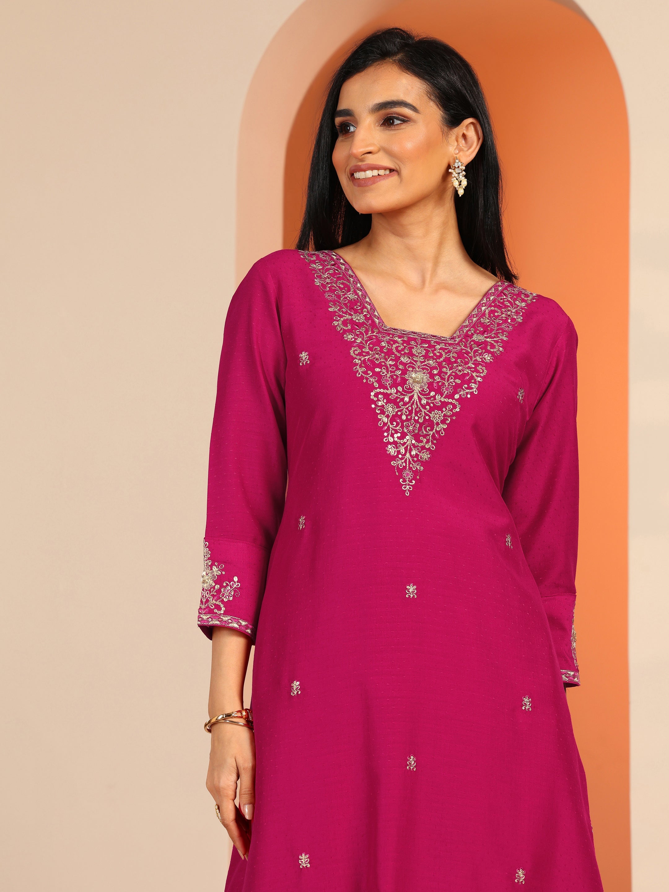 Pink Embellished Silk Blend A-Line Suit Set With Dupatta