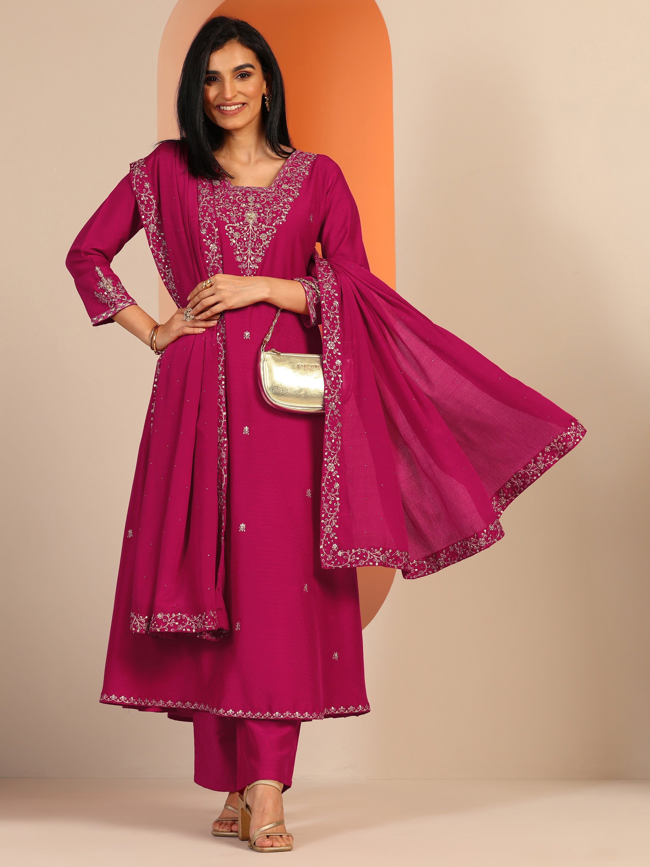 Pink Embellished Silk Blend A-Line Suit Set With Dupatta