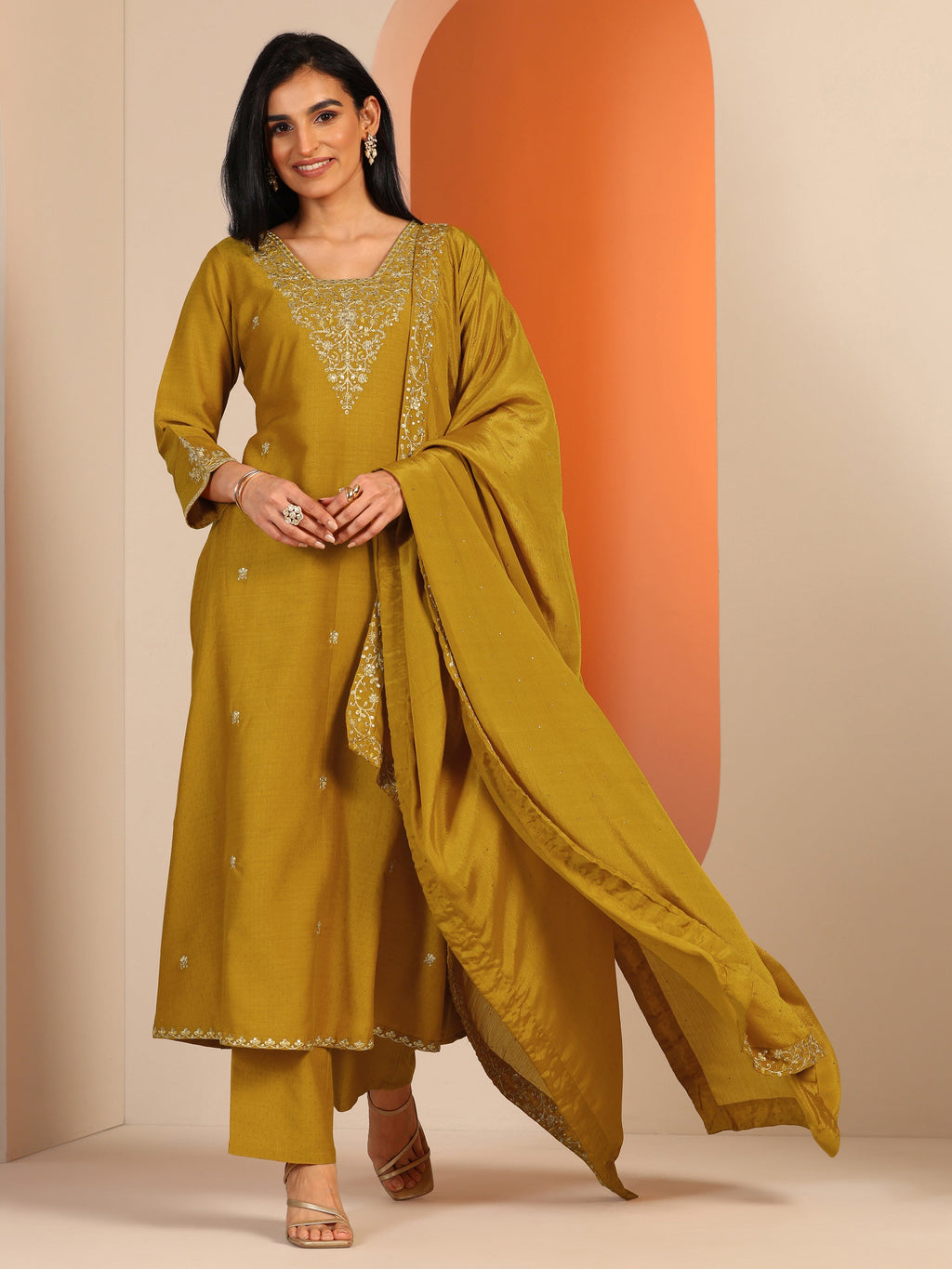 Mustard Embellished Silk Blend A-Line Suit Set With Dupatta