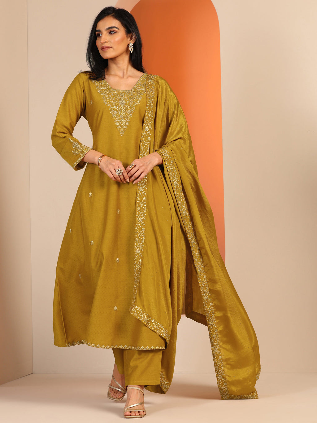 Mustard Embellished Silk Blend A-Line Suit Set With Dupatta