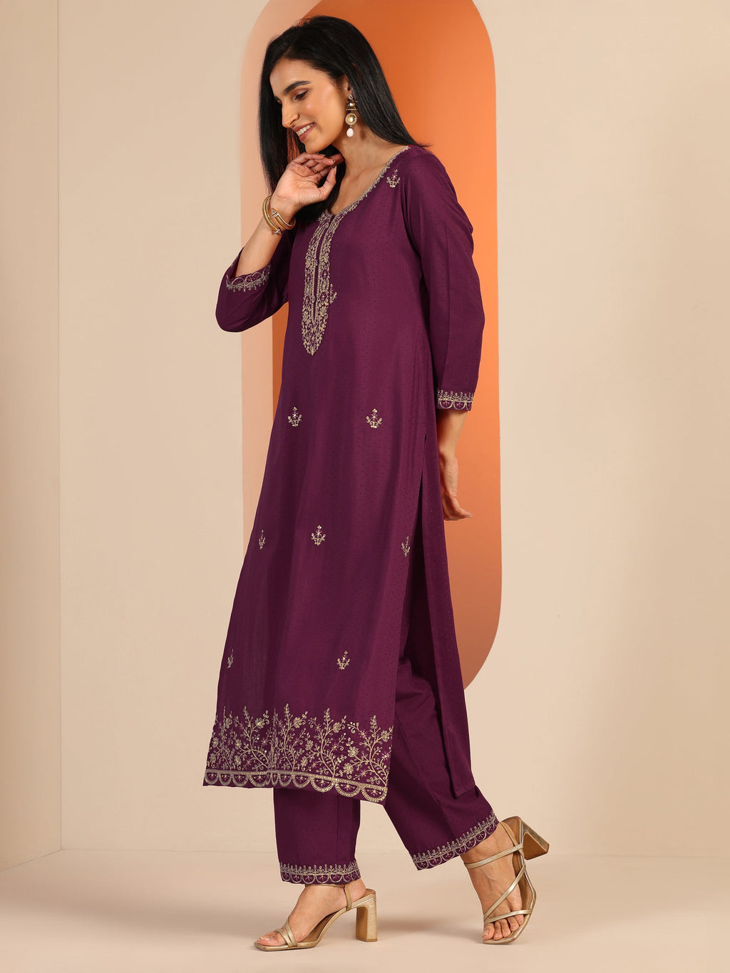 Burgundy Embellished Silk Blend Straight Suit Set With Dupatta