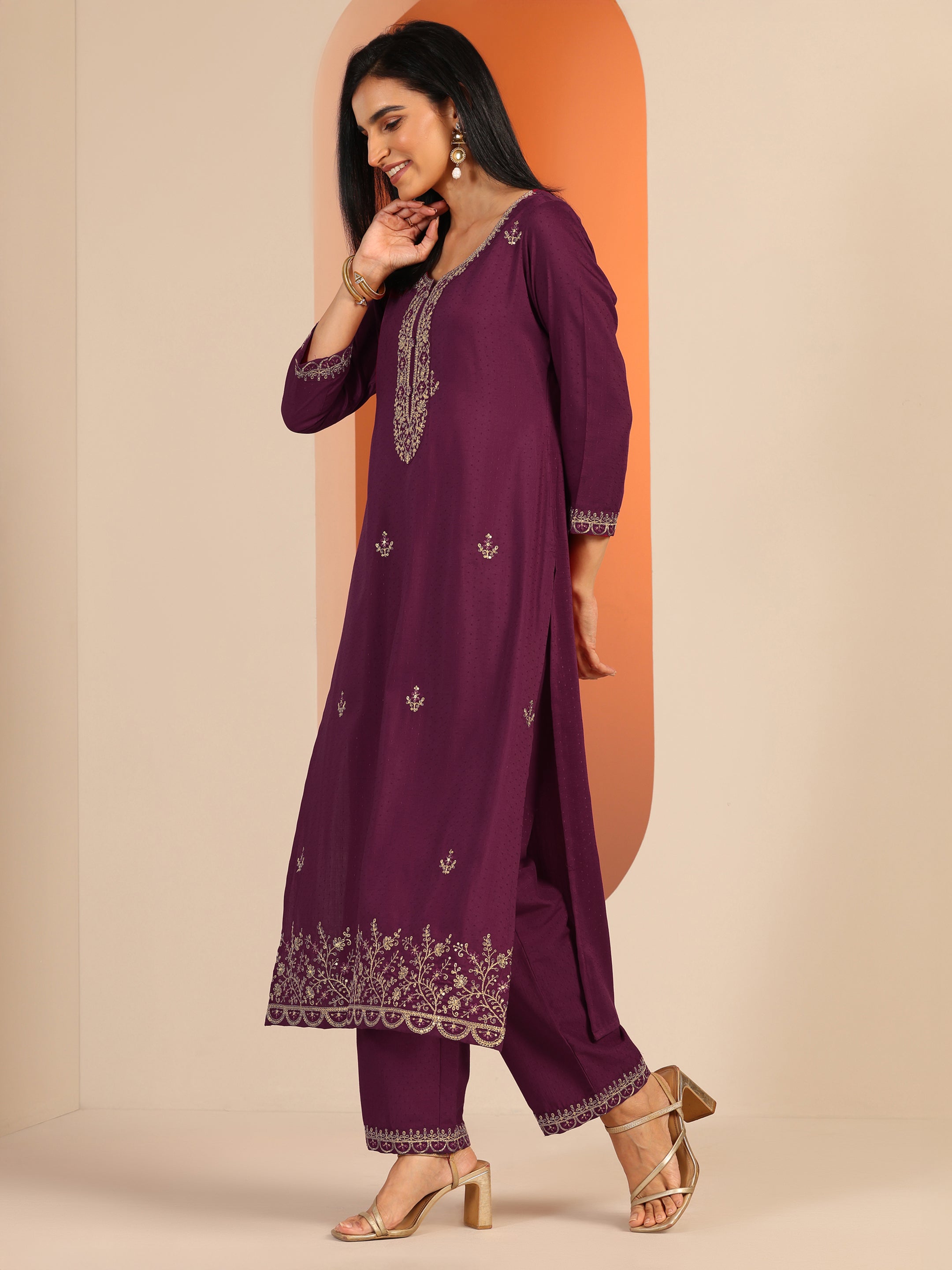 Burgundy Embellished Silk Blend Straight Suit Set With Dupatta