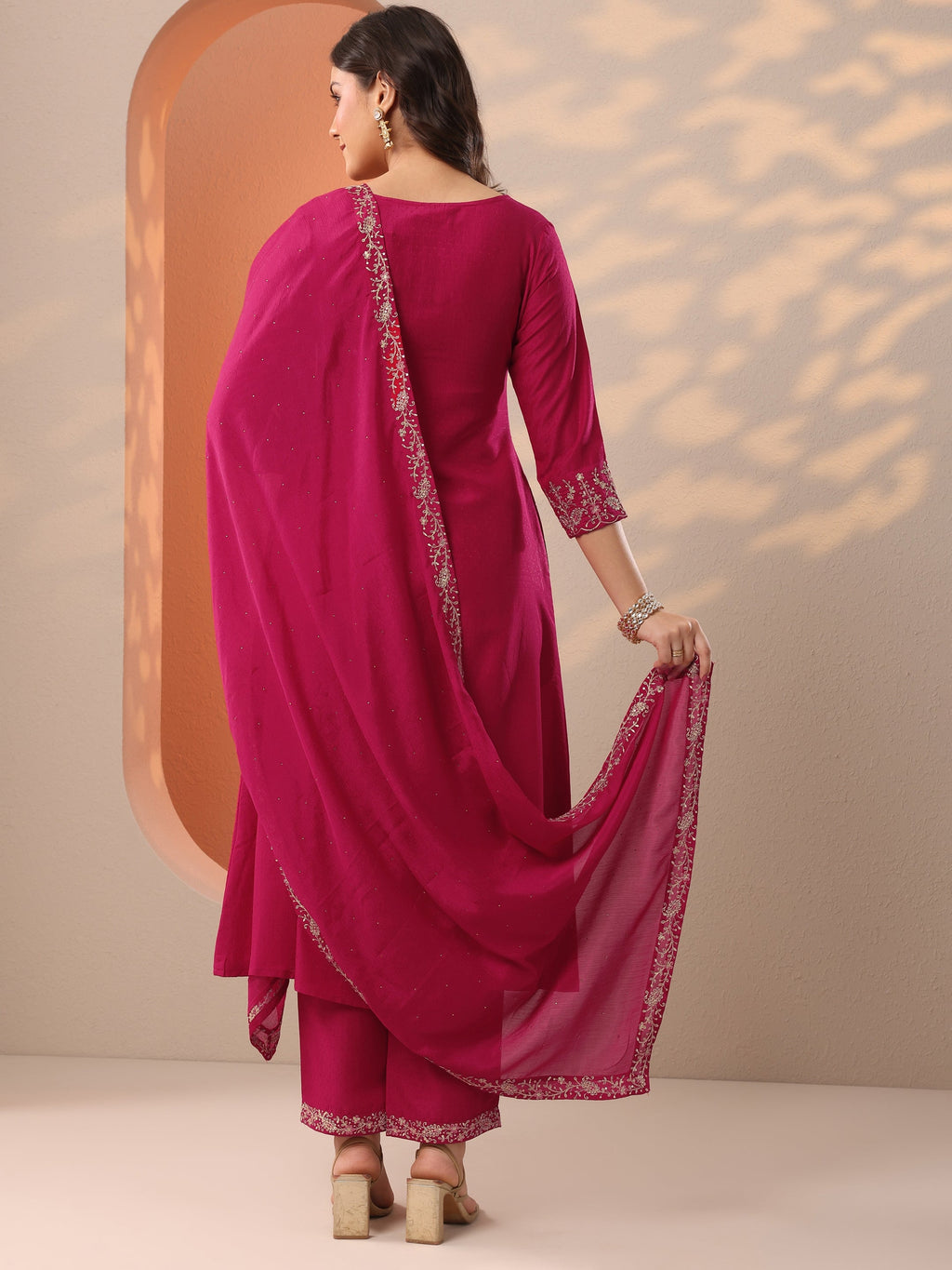Pink Embroidered Silk Blend A-Line Suit Set With Dupatta