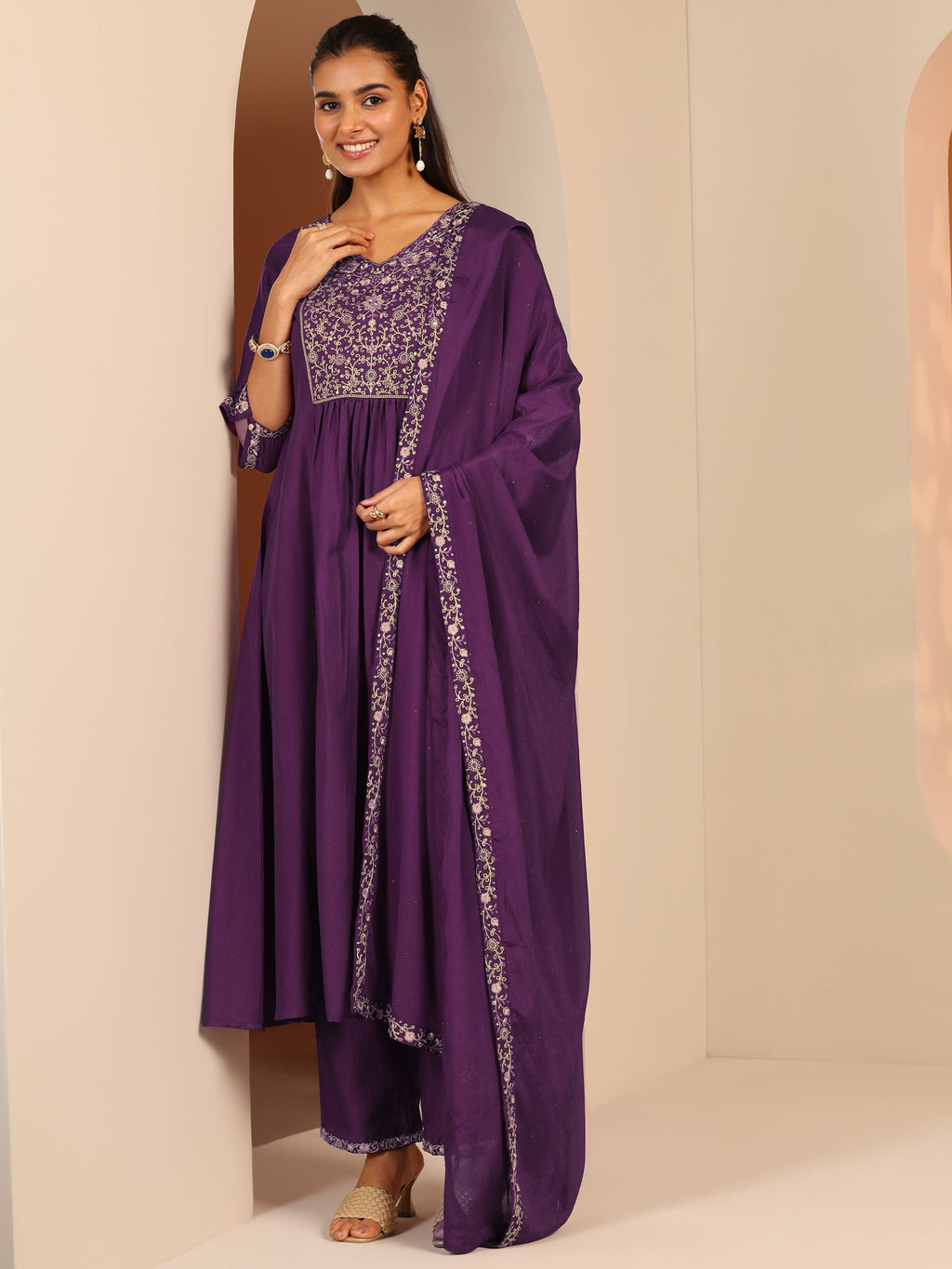 Burgundy Embroidered Silk Blend Anarkali Suit Set With Dupatta