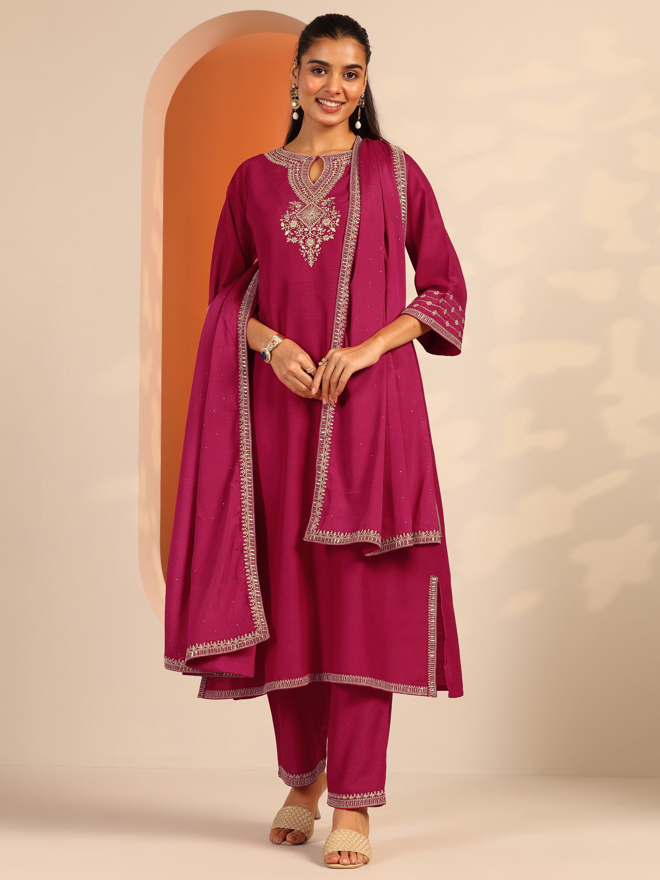 Pink Embroidered Silk Blend Straight Suit Set With Dupatta