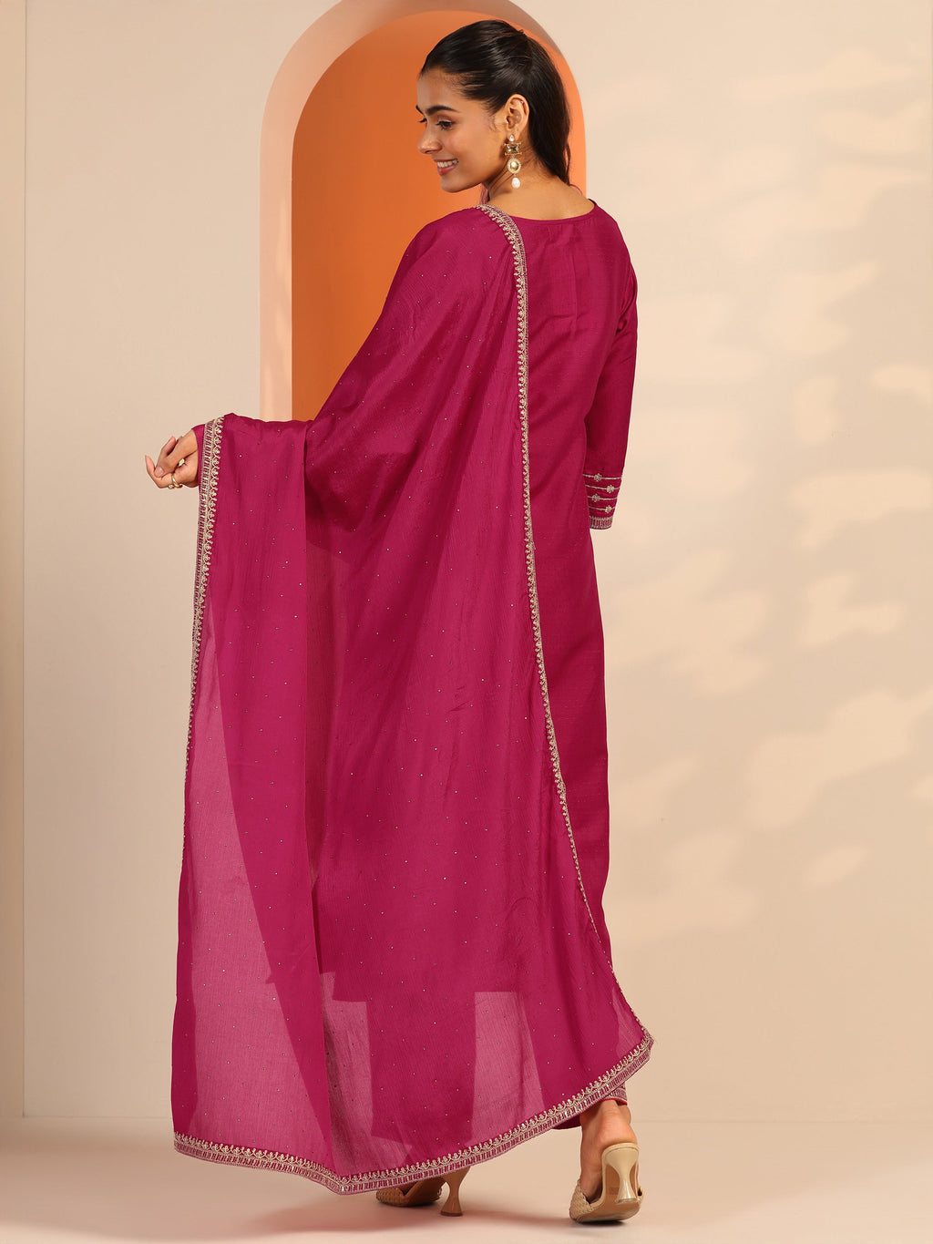 Pink Embroidered Silk Blend Straight Suit Set With Dupatta