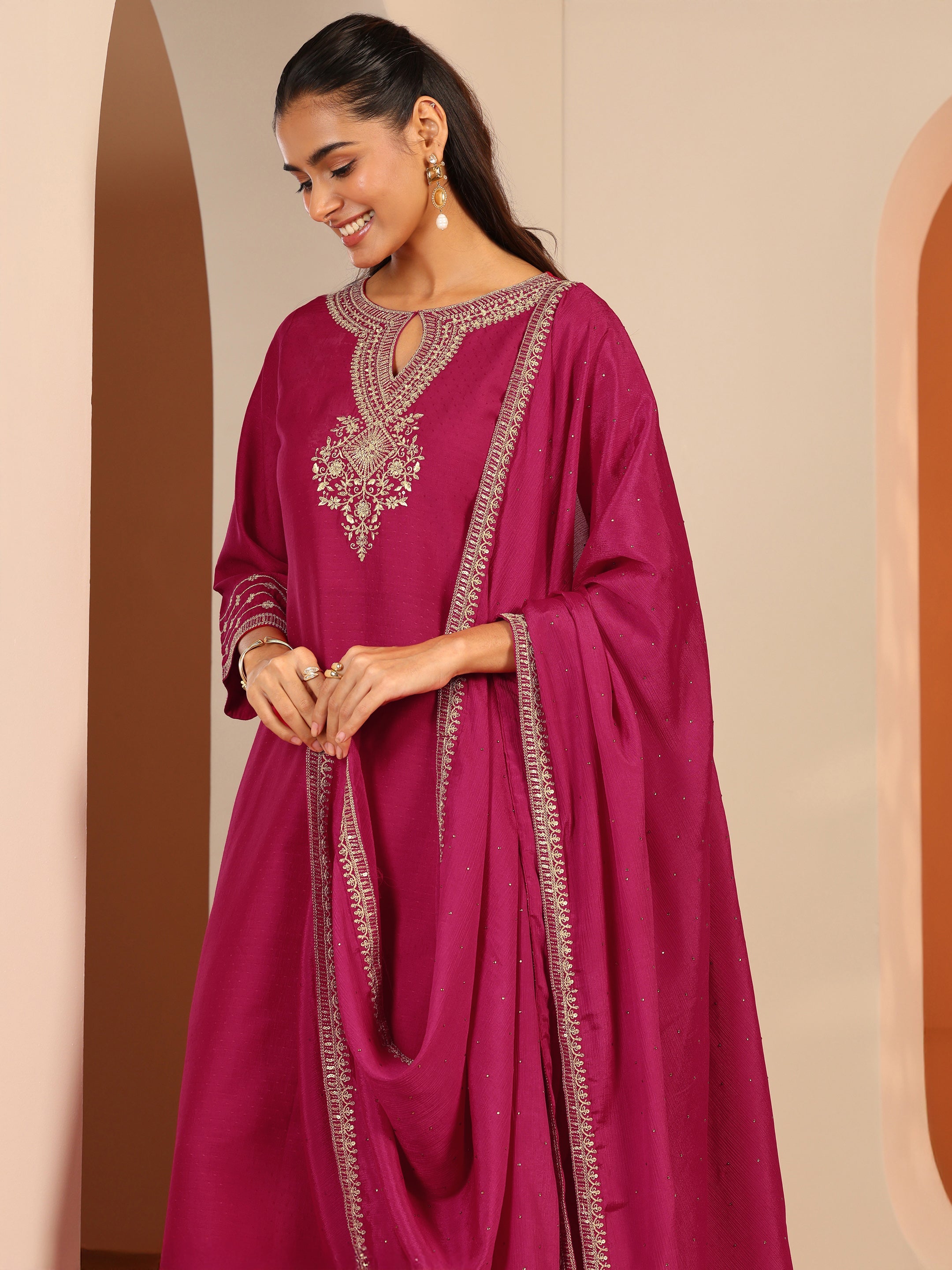 Pink Embroidered Silk Blend Straight Suit Set With Dupatta