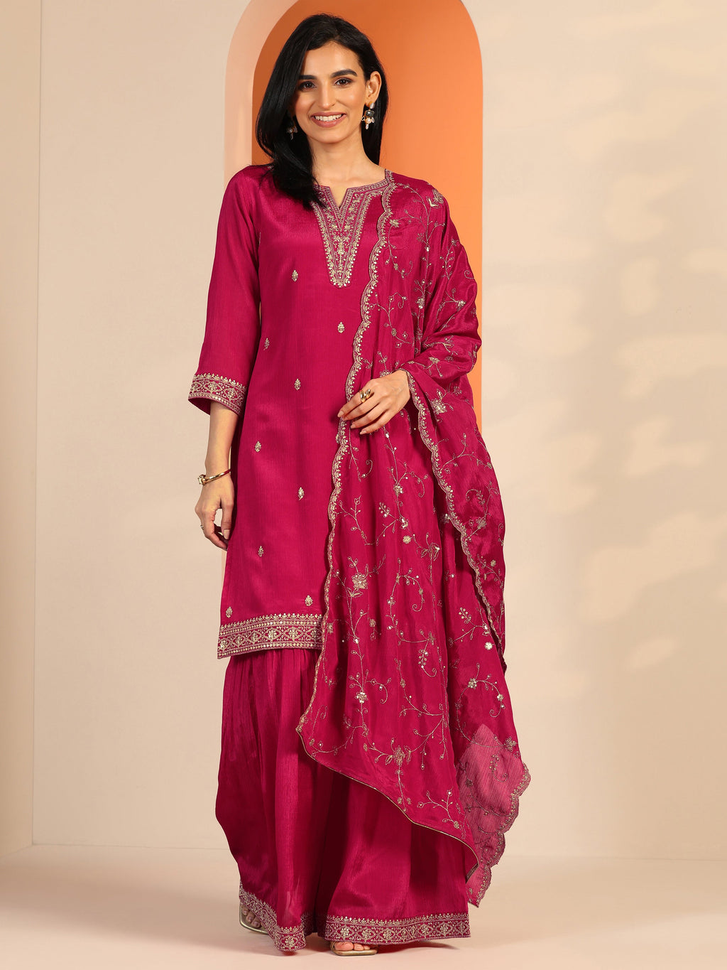 Pink Embroidered Chinon Straight Suit Set With Dupatta