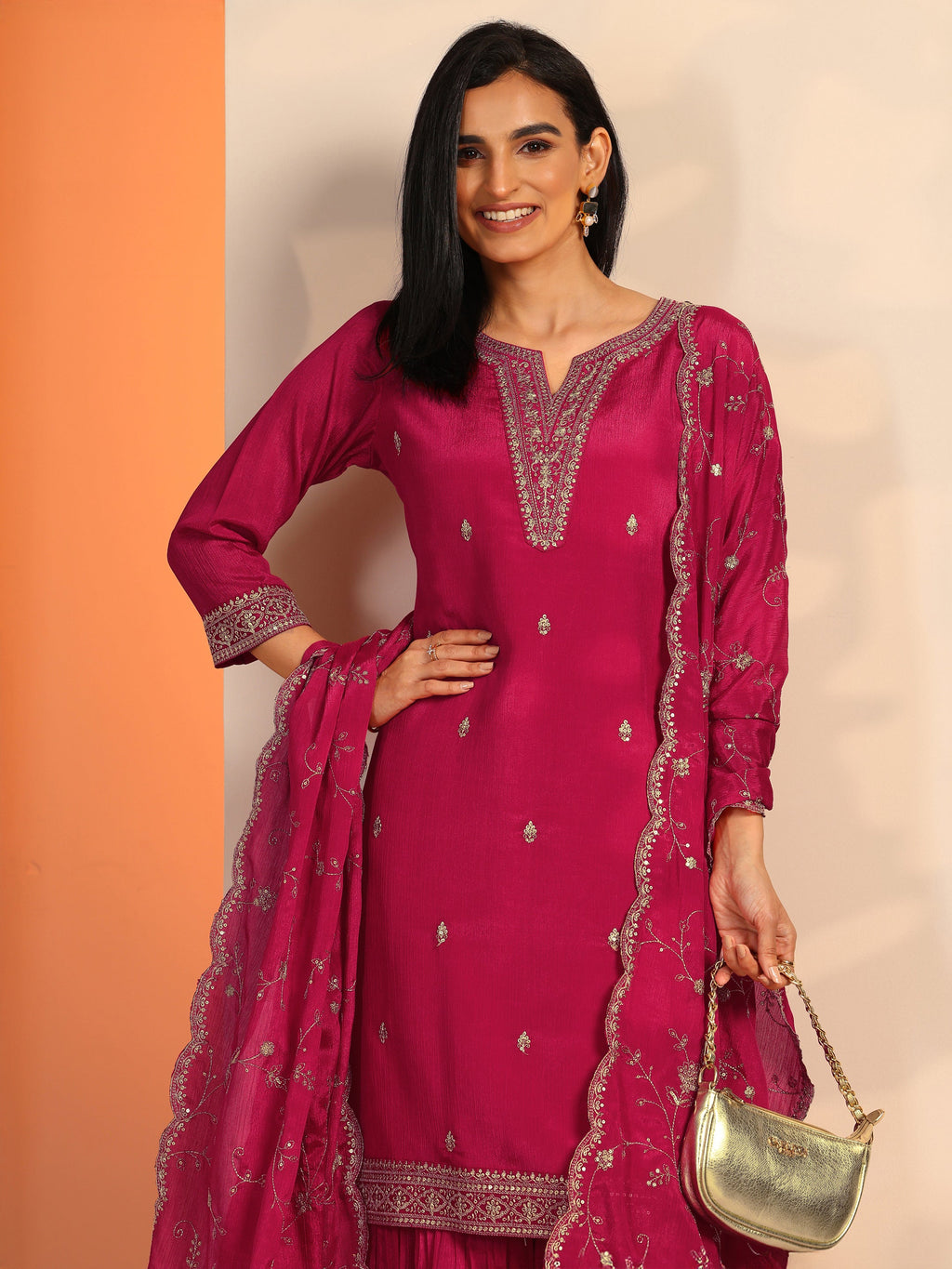 Pink Embroidered Chinon Straight Suit Set With Dupatta
