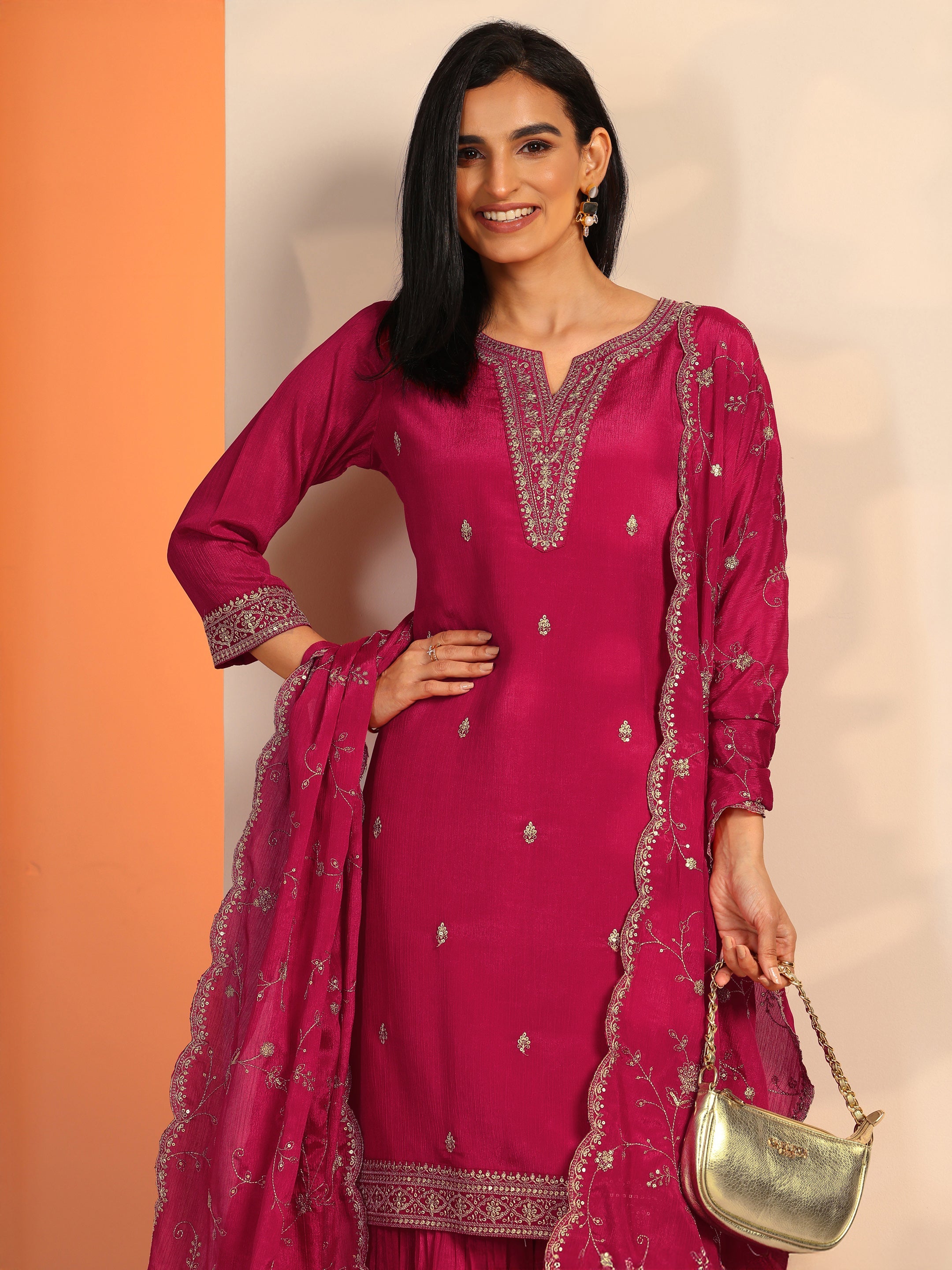 Pink Embroidered Chinon Straight Suit Set With Dupatta