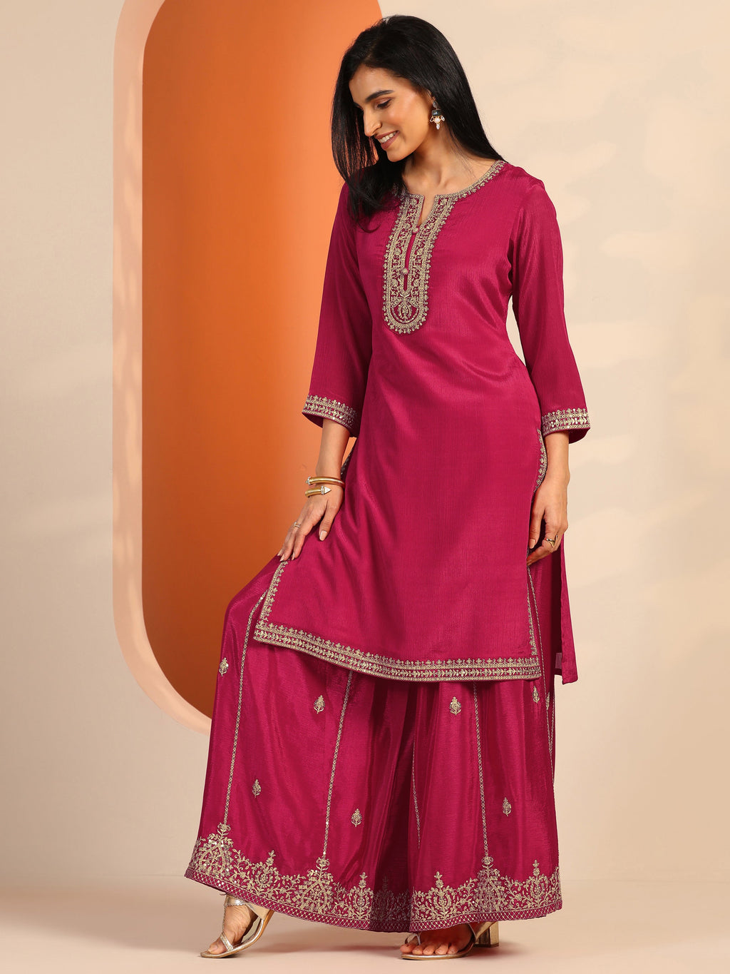 Pink Embellished Chinon Straight Suit Set With Dupatta